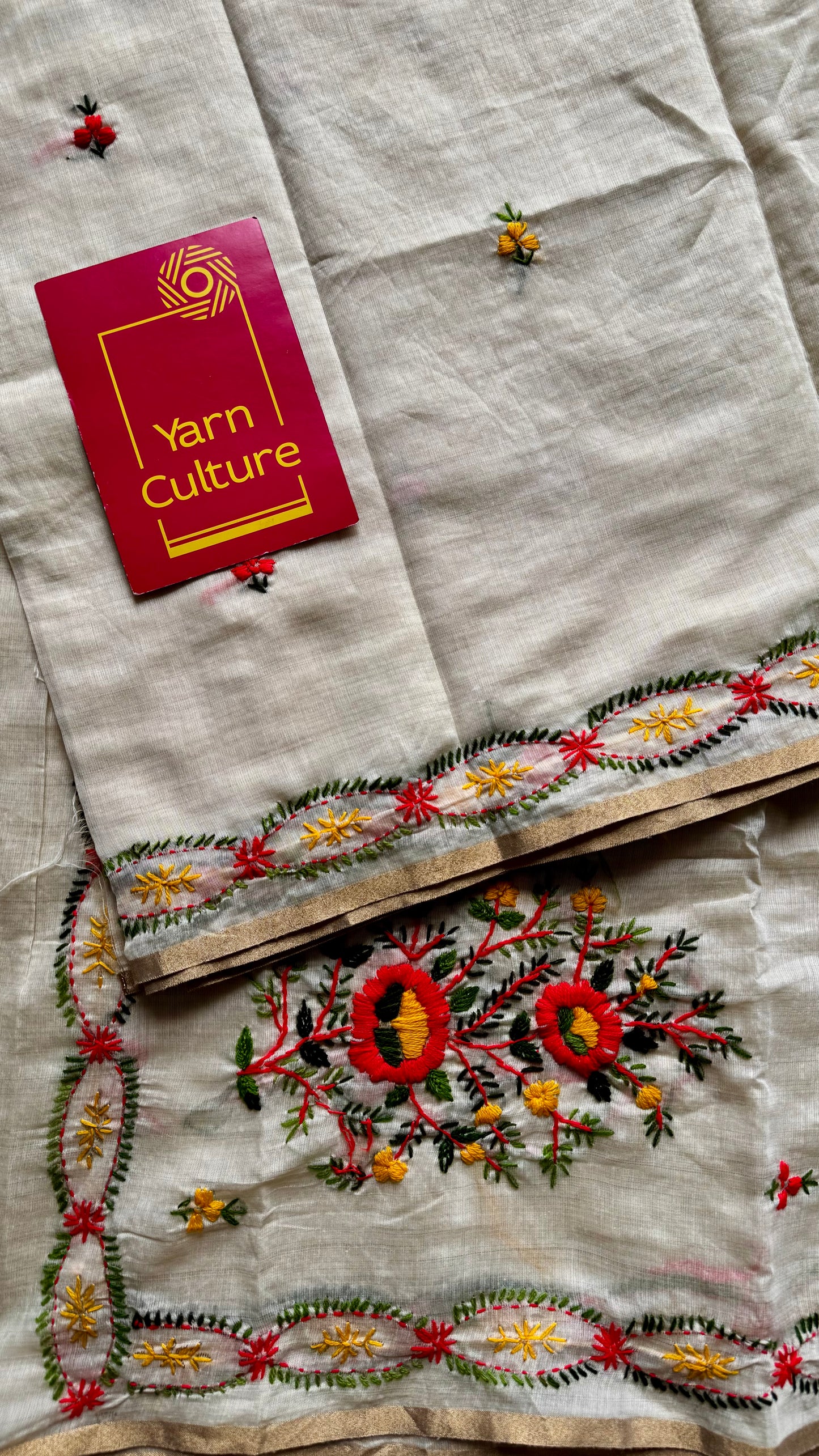 Ivory maheshwari cotton silk blend with bright red floral kantha threadwork - YCBLAUMK09