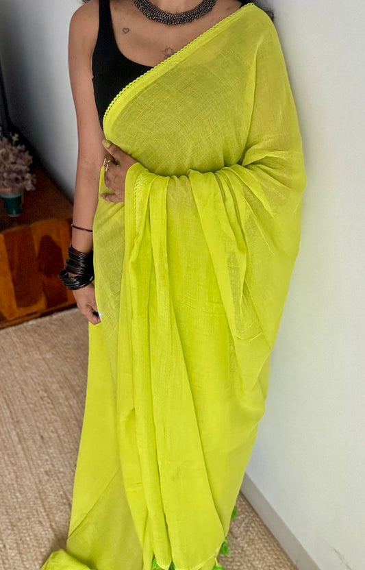 Lime green plain mul with lace border - YCBCMCLSE03