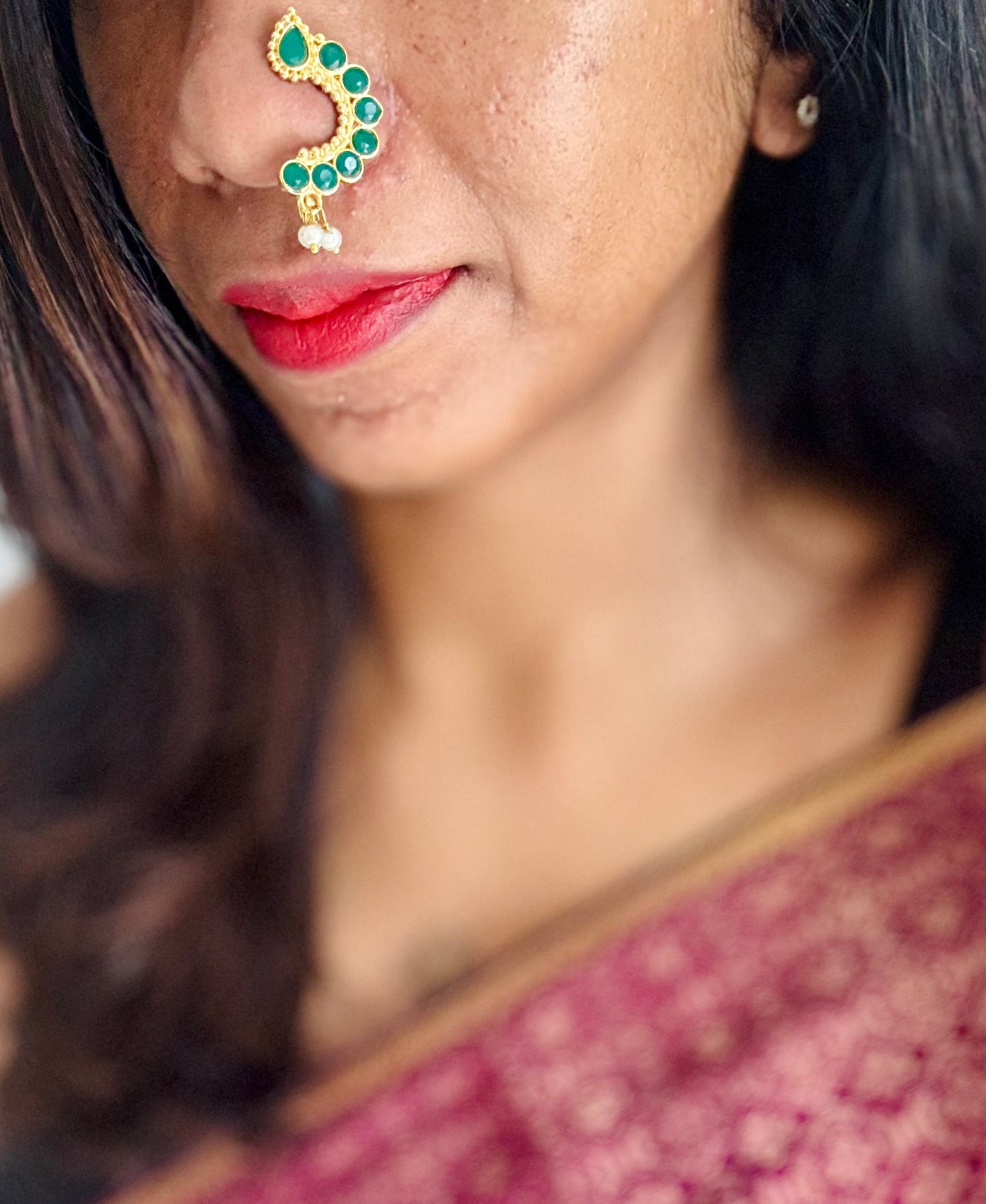 Gold plated, green coloured stone, clip on Maharashtrian nath - YCGPNC206