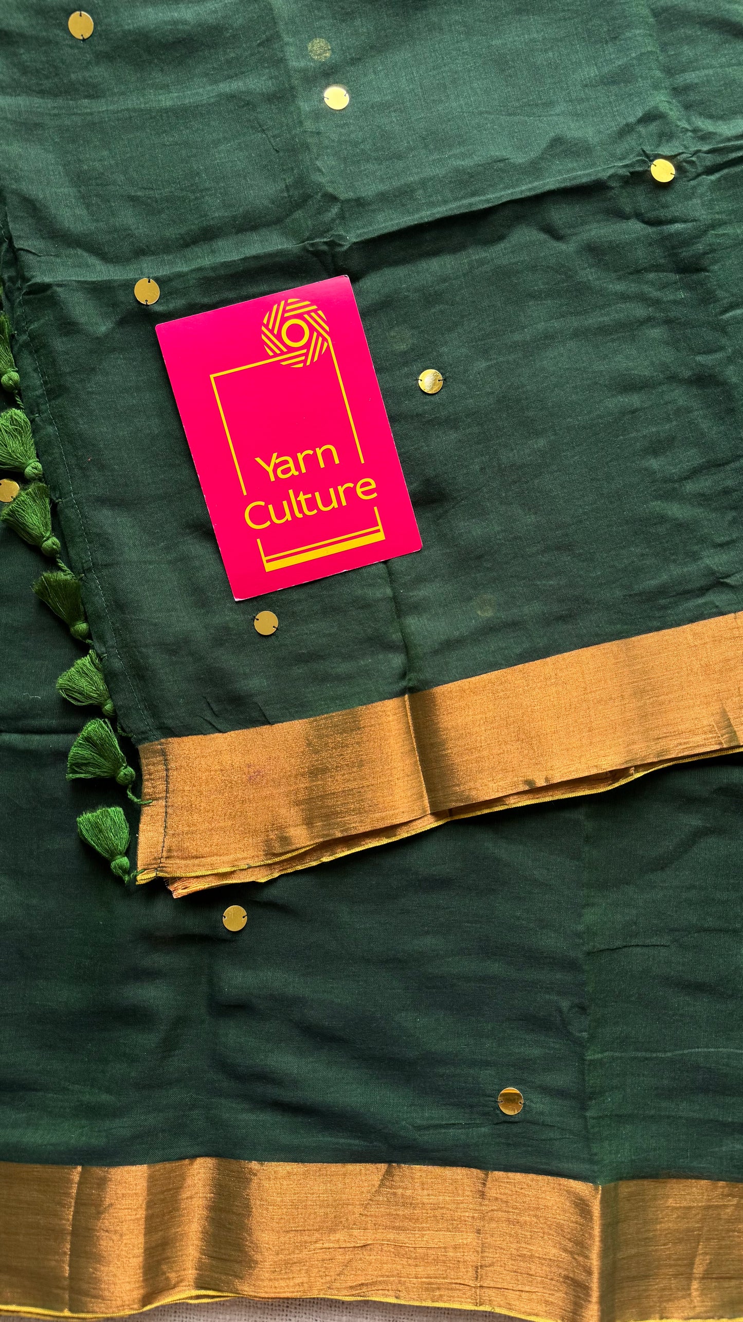 Dark green mul with sequins and copper zari border - YCBCMCLSE08