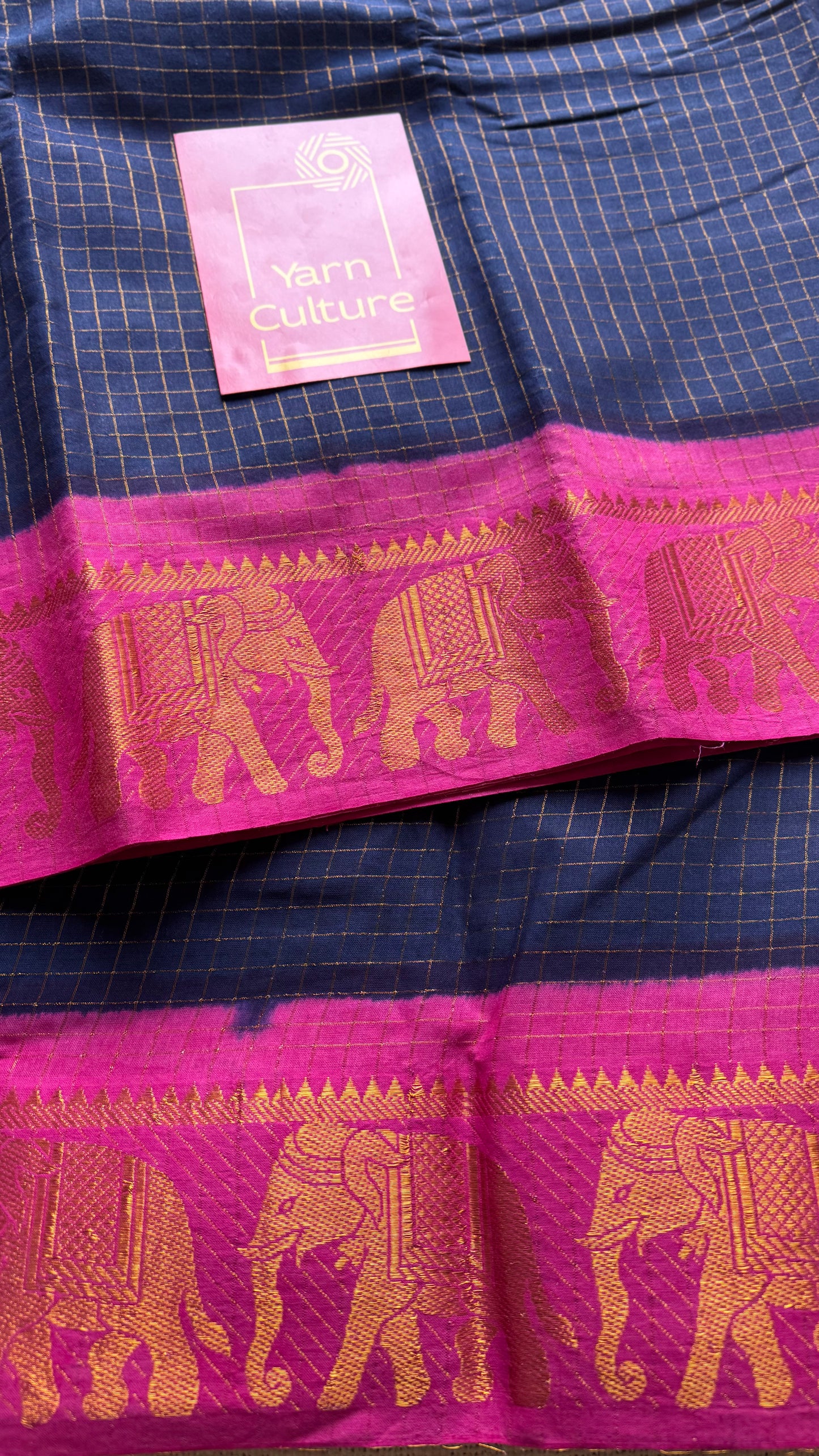 Dark blue with pink checkered sungudi, madurai cotton - YCCOTNOCSC20