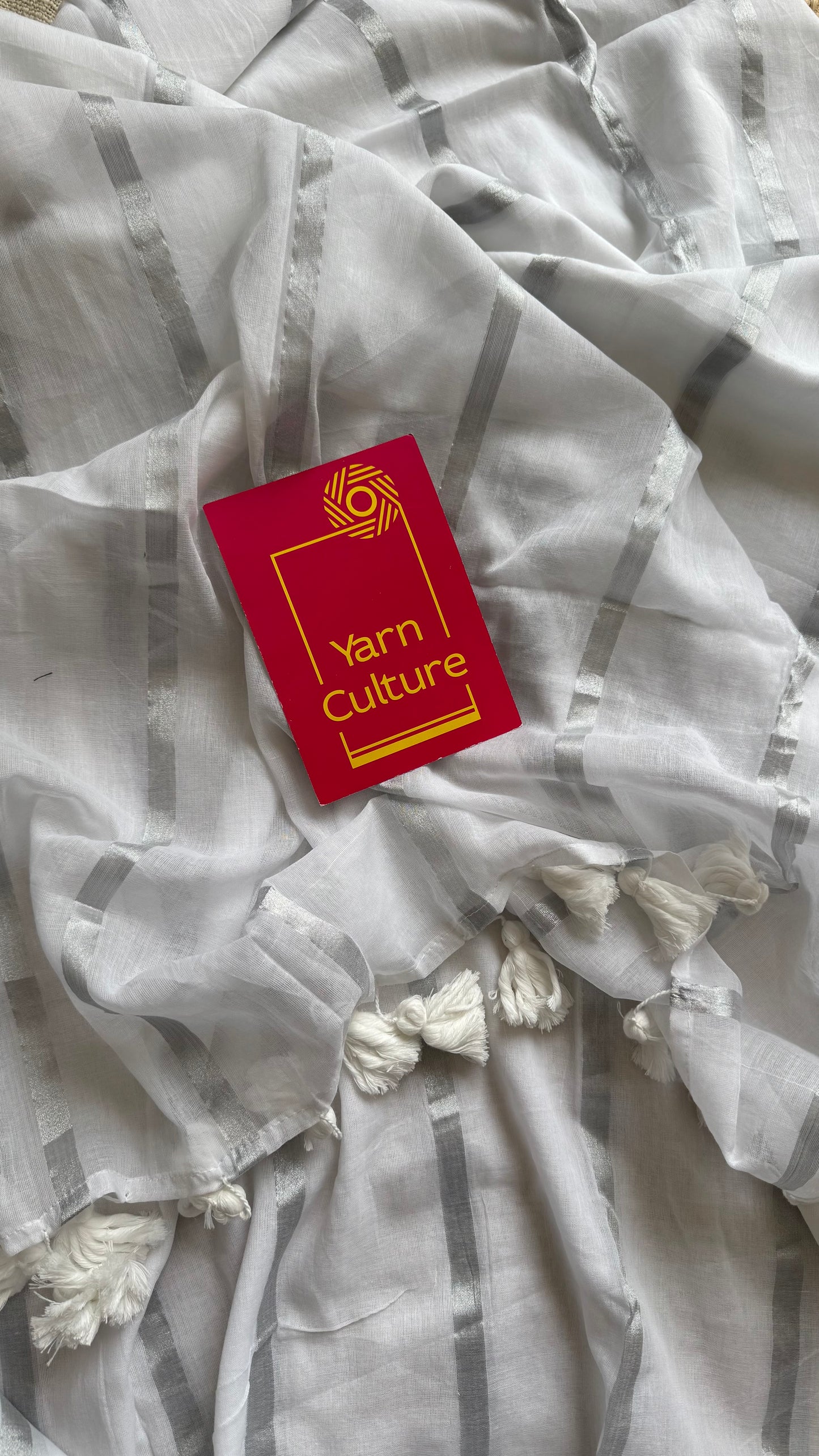Sugar Cloud - white with silver zari stripes, mul cotton - YCBCJULMS02