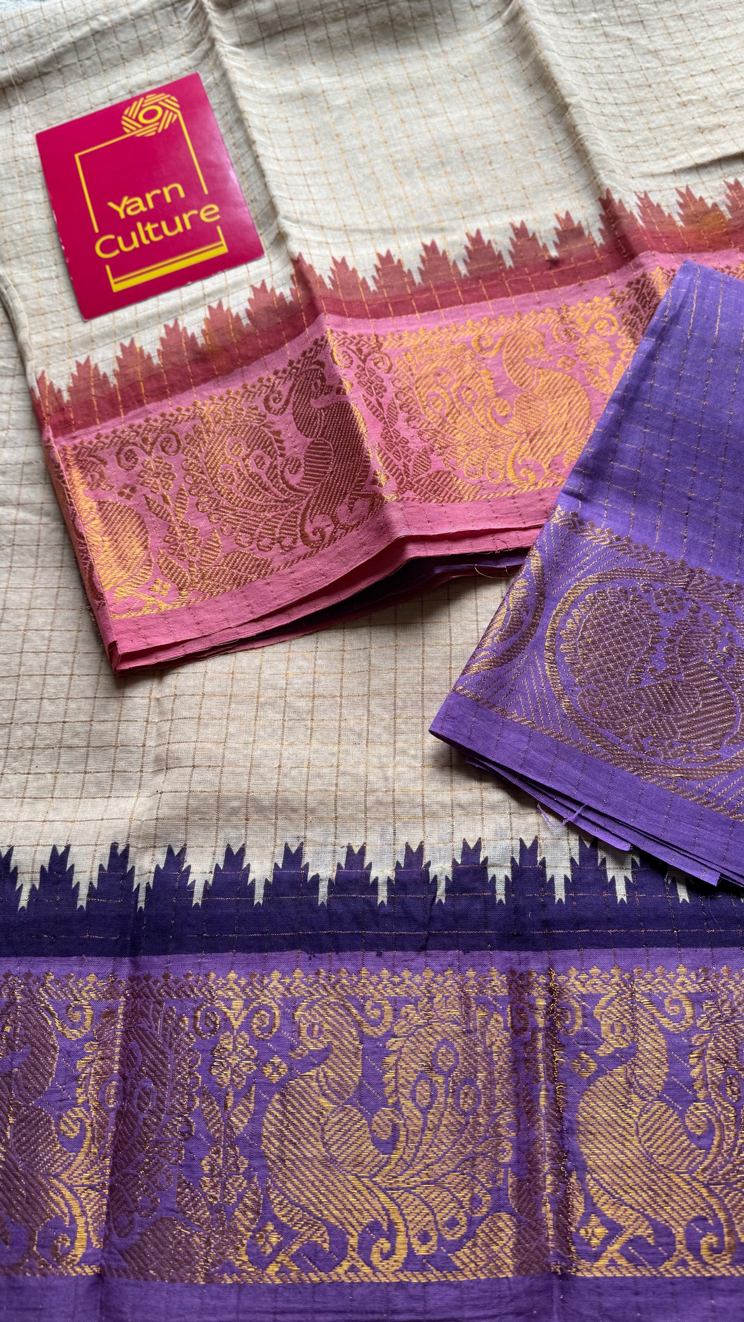 Pink - violet sungudi cotton checks, sandal colour base, soft cotton - YCCOTNJSUN03
