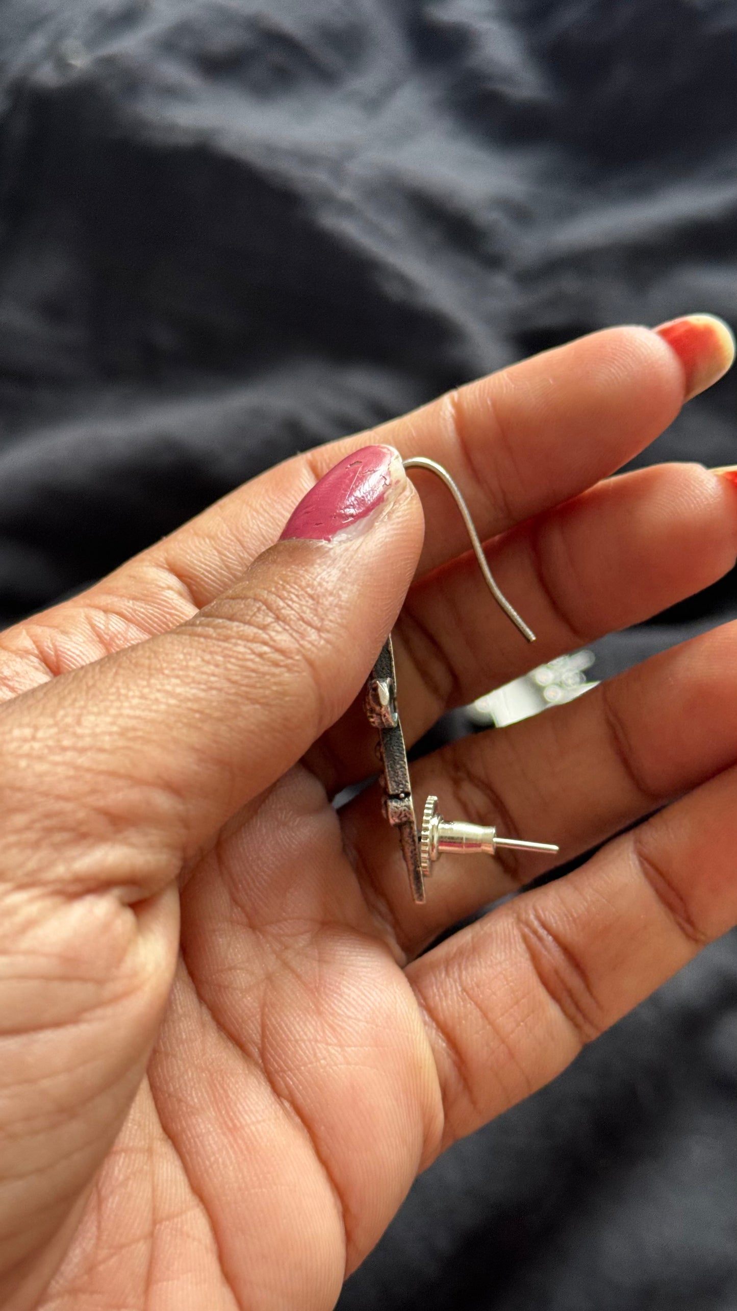 Oxidised silver, half spike patterned earring with clipon - YCOSEBU518