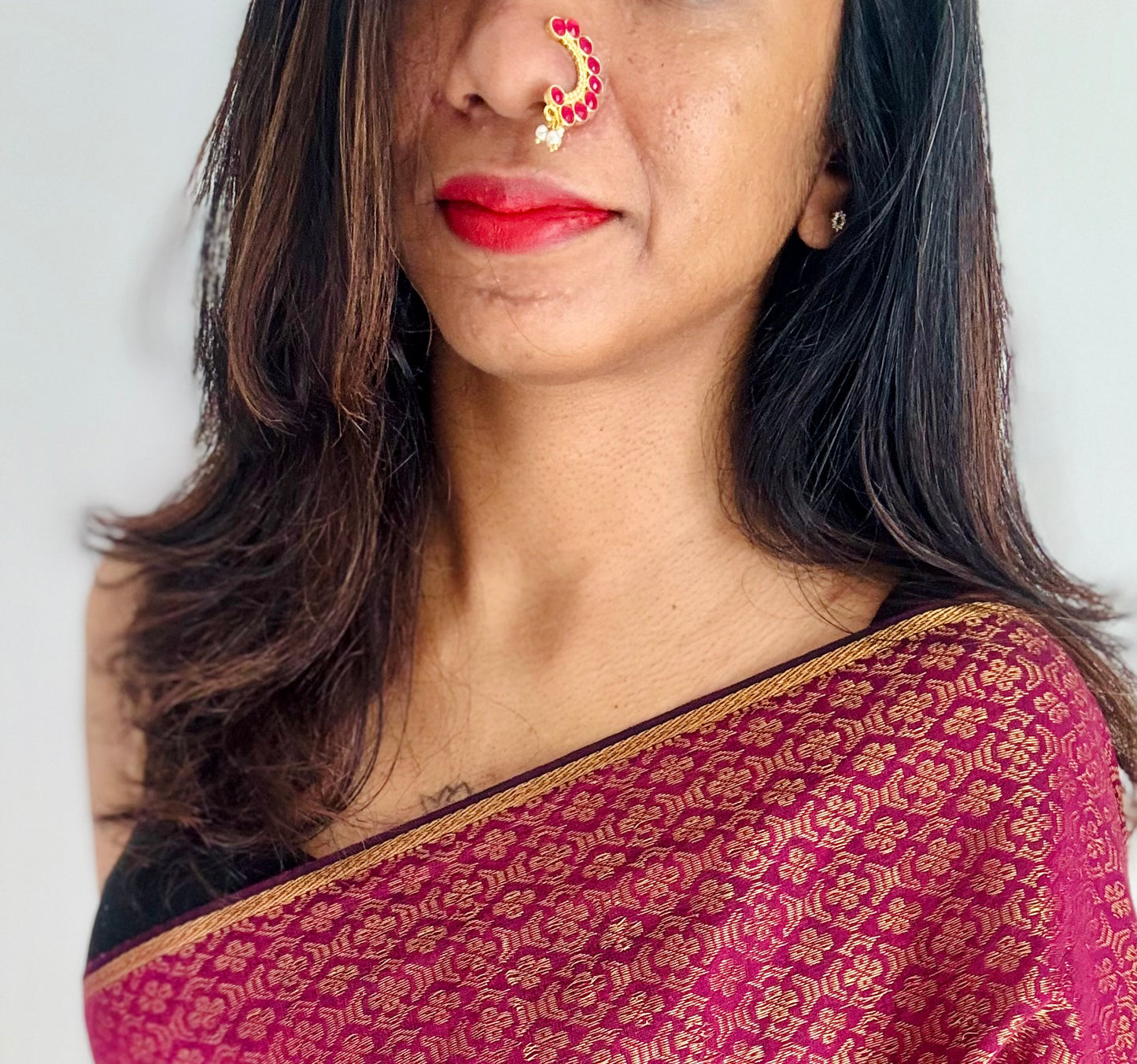 Gold plated, ruby coloured stone, clip on Maharashtrian nath - YCGPNC200