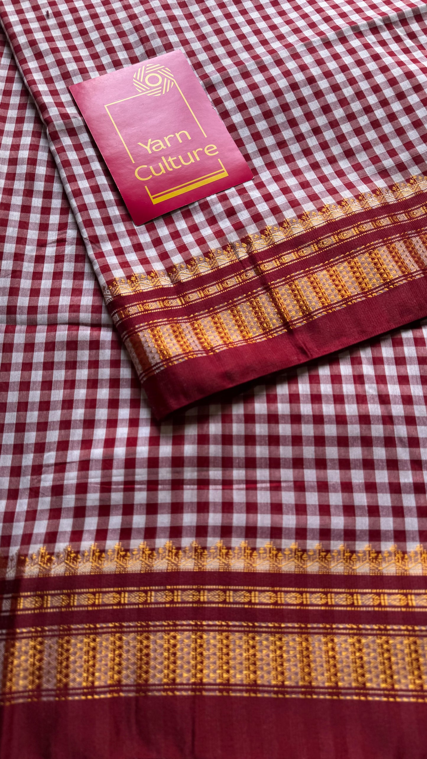 llkal dark maroon and white checks with chikki paras border, soft cotton with art silk blend - YCLOKICAP231