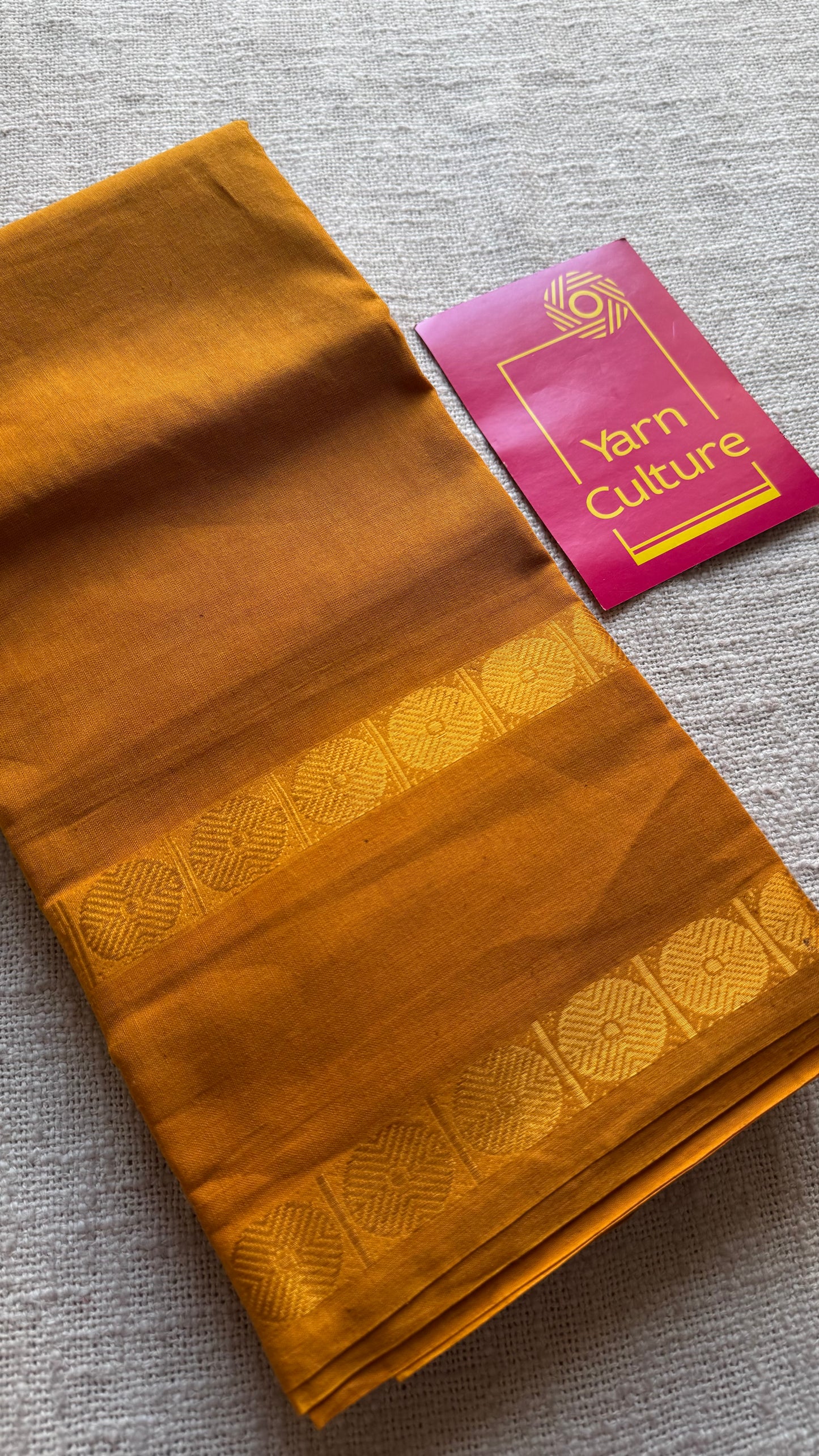 Turmeric yellow with round motif gap border, kattuchayam dyed madurai cotton saree - YCCOTNMSFE112