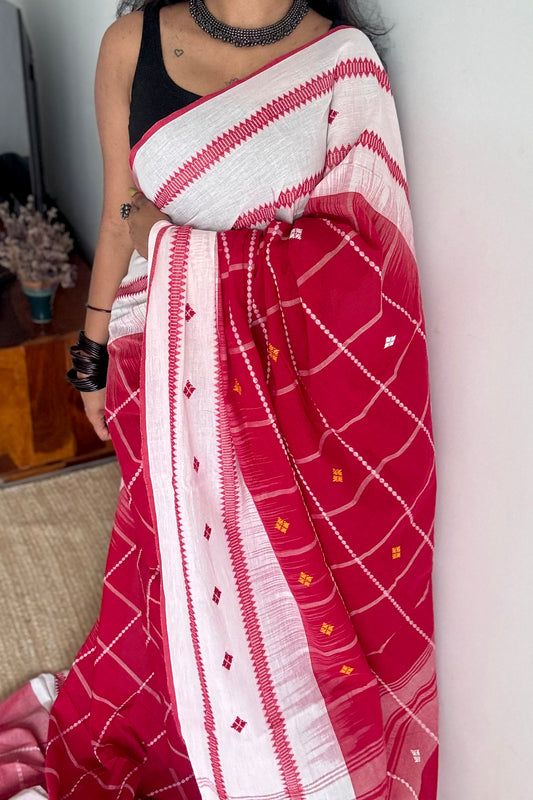 Pure Dhaniakhali tant in white with red checks - YCBCDP21