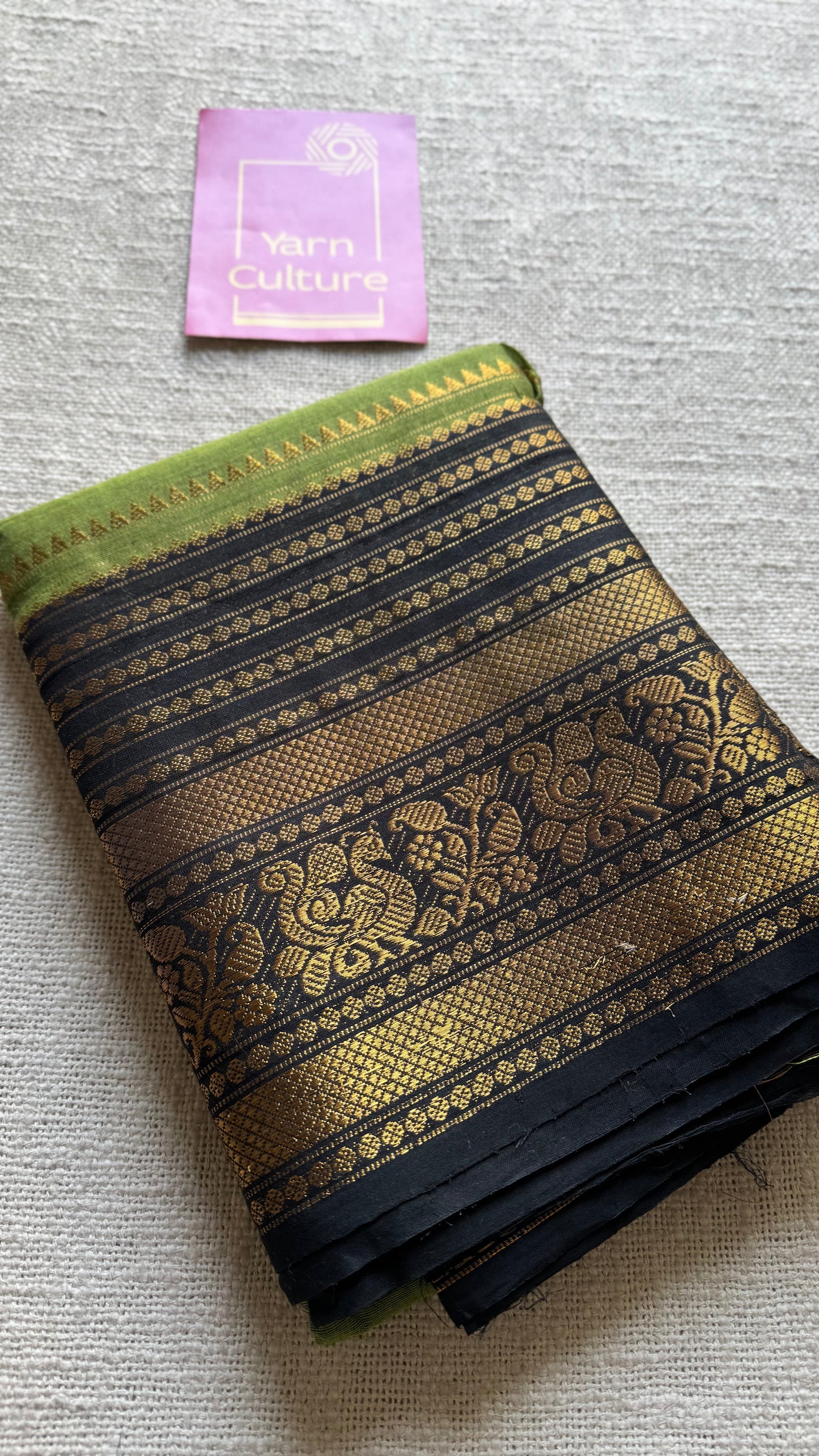 Light green with black wide contrast border, kanchi cotton - YCCOTNKCDE84