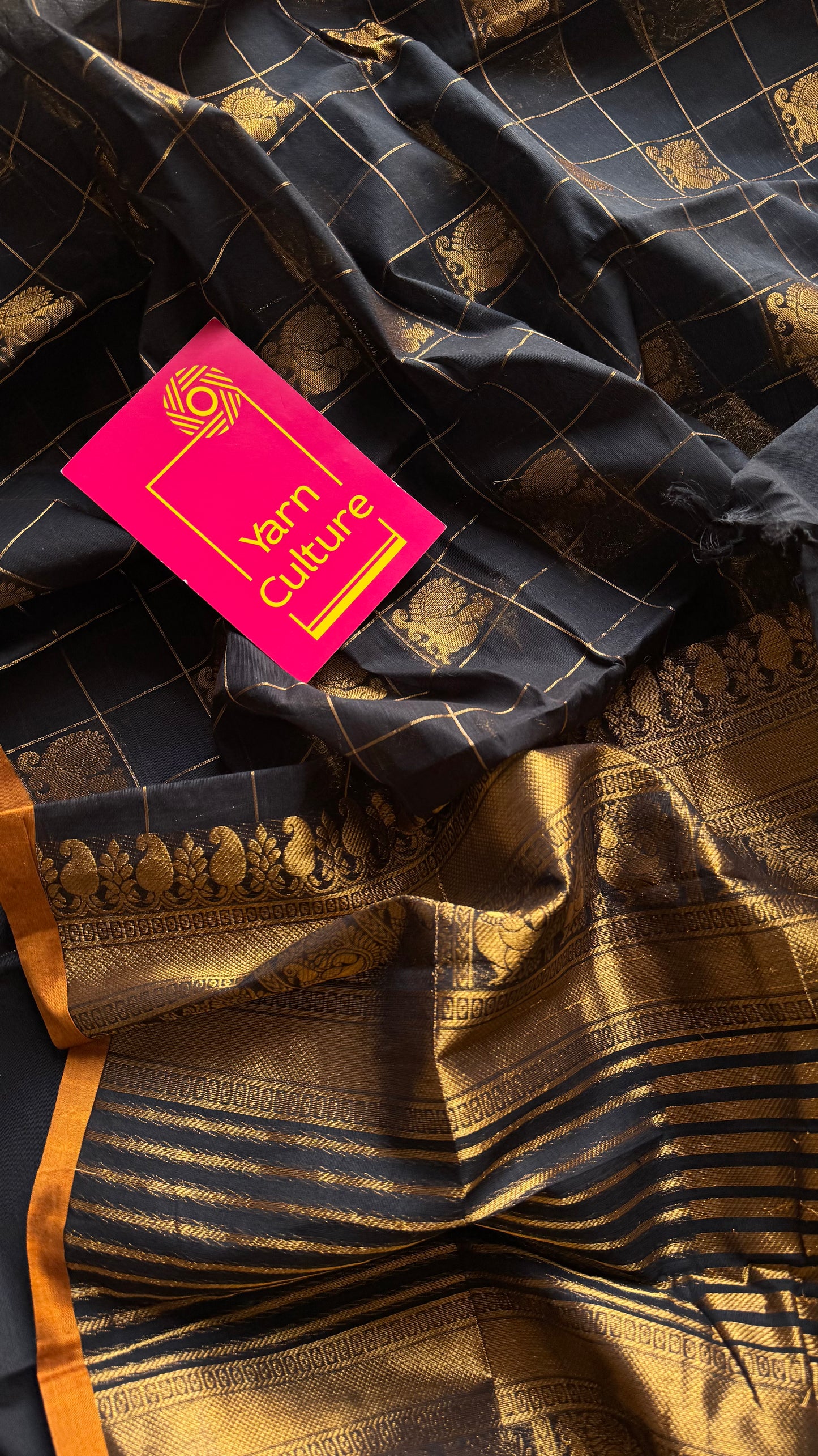 Black dual tone checks with peacock motifs, kanchi cotton saree - YCCOTNKCFE336