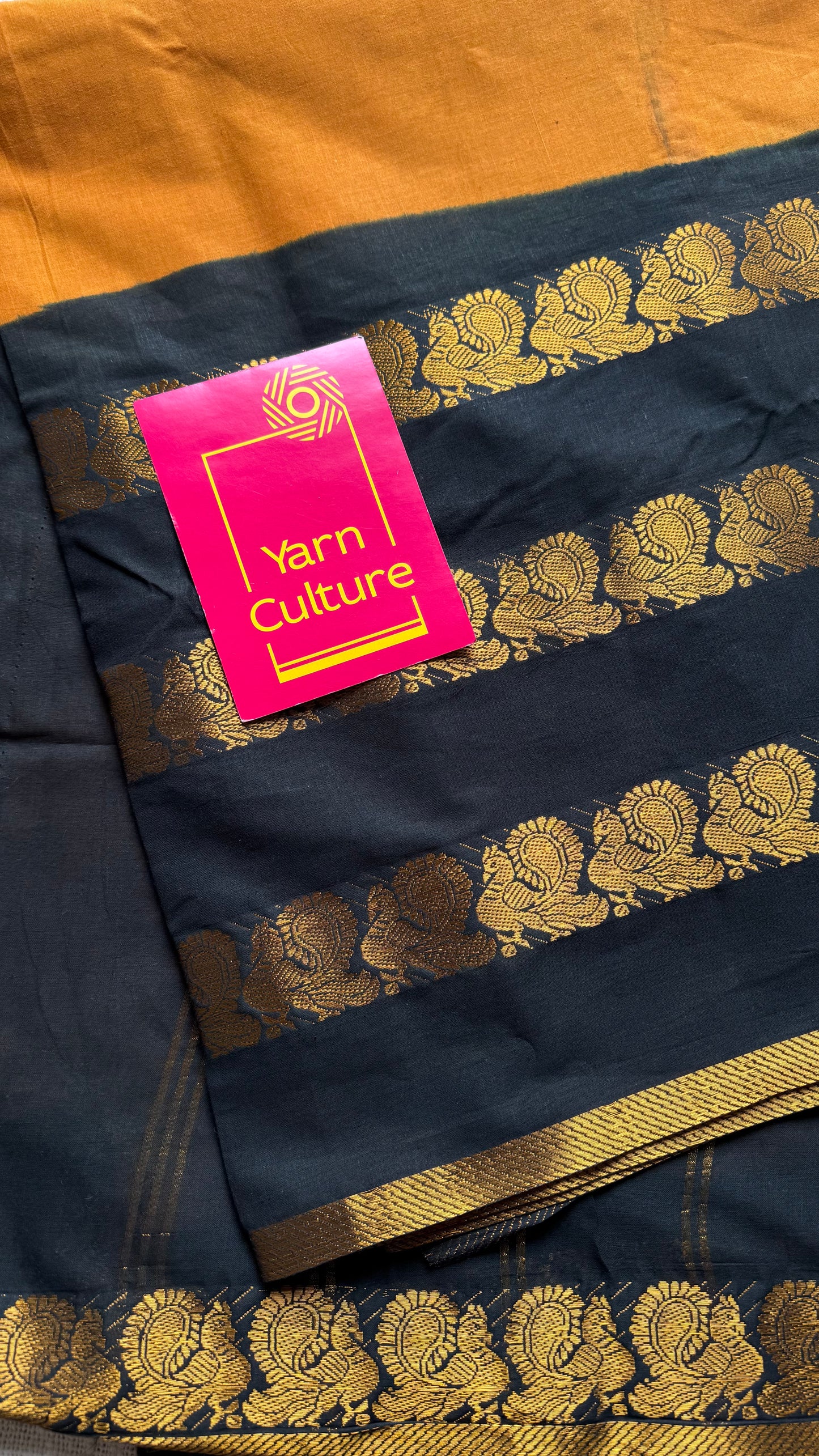 Dark turmeric and black sungudi with triple peacock motif rettai pettu wide border - YCCOTNSEMS46