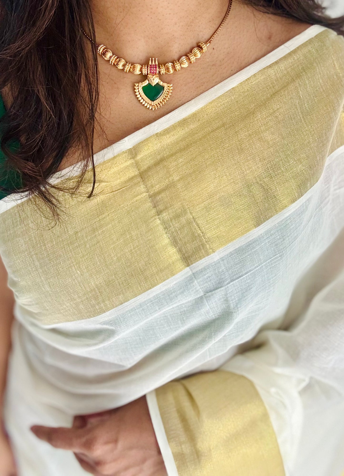 Single palakka pendant chain with round beads and earrings - YCAGC161
