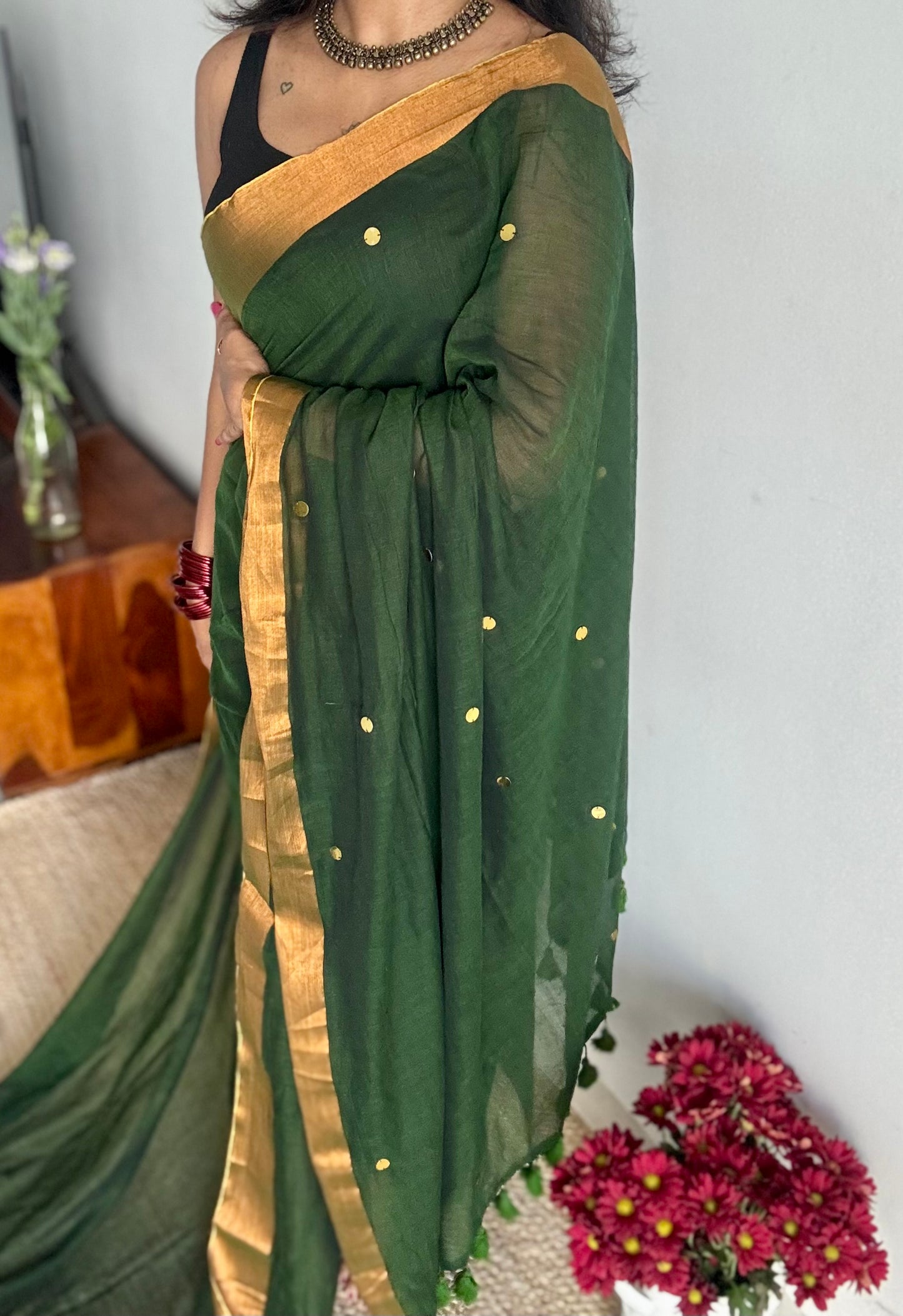 Dark green mul with sequins and copper zari border - YCBCMCLSE08
