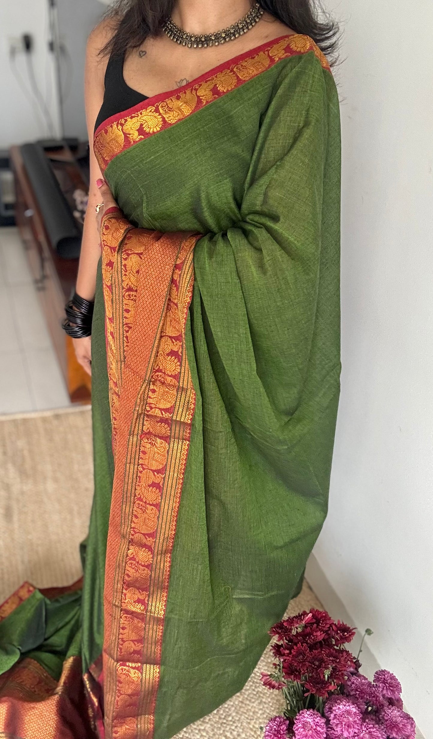 Green with broad zari border, premium narayanpet, soft cotton - YCWOTDFEBB06