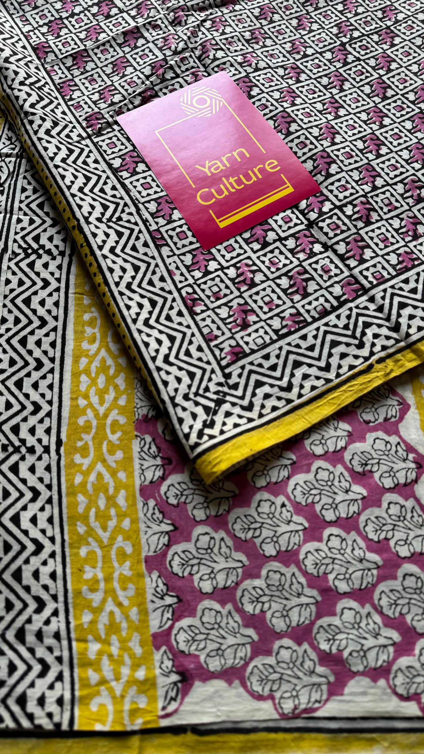 Beige with black and dusty pink checks, yellow border, block printed soft cotton saree - YCTORCMA13