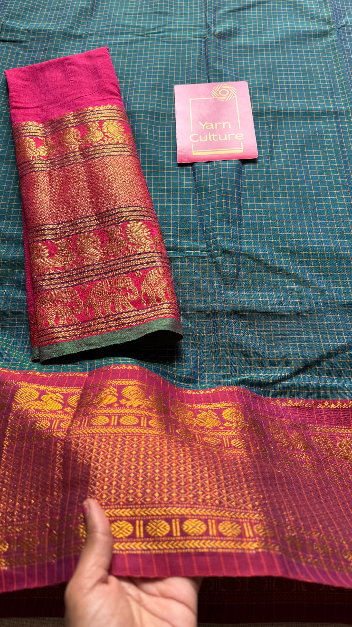 Teal checks with zari border, premium narayanpet, soft cotton - YCWOTDFEBB13