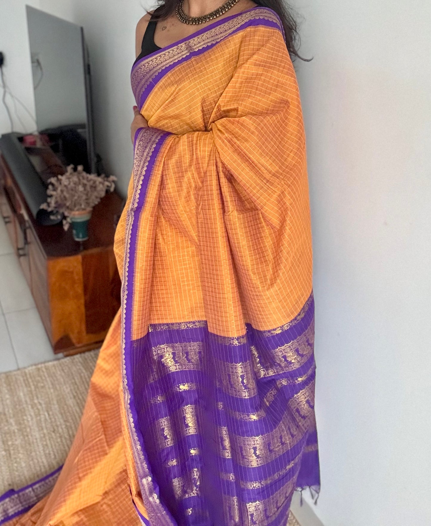 Yellowish orange with purple, checks - cotton silk - YCCOTNOCKC39