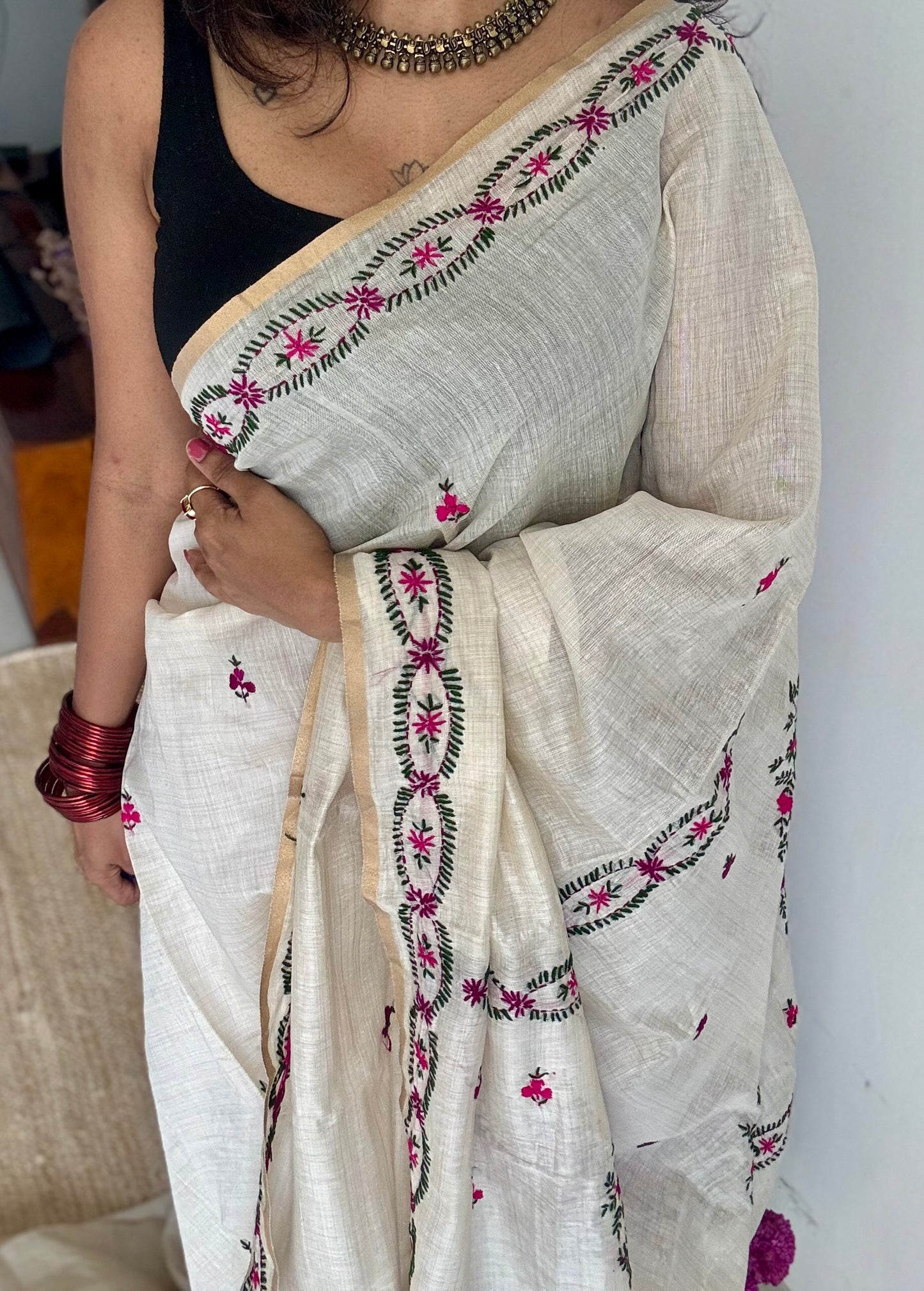 Ivory maheshwari cotton silk blend with purple and magenta floral kantha threadwork - YCBLAUMK08
