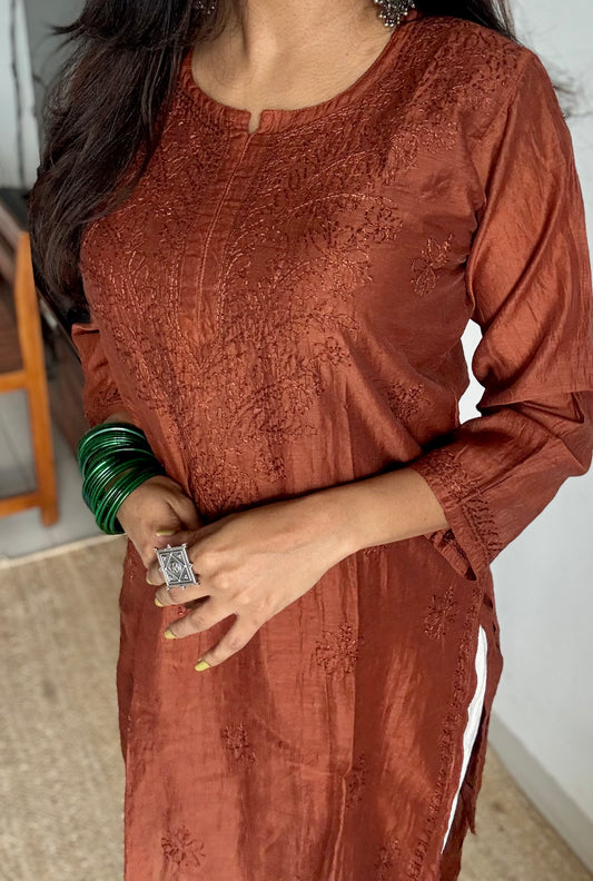 Brown muslin chanderi chikankari with bakhiya work, stitched kurta, round neck, three fourth sleeves - YCSECK29