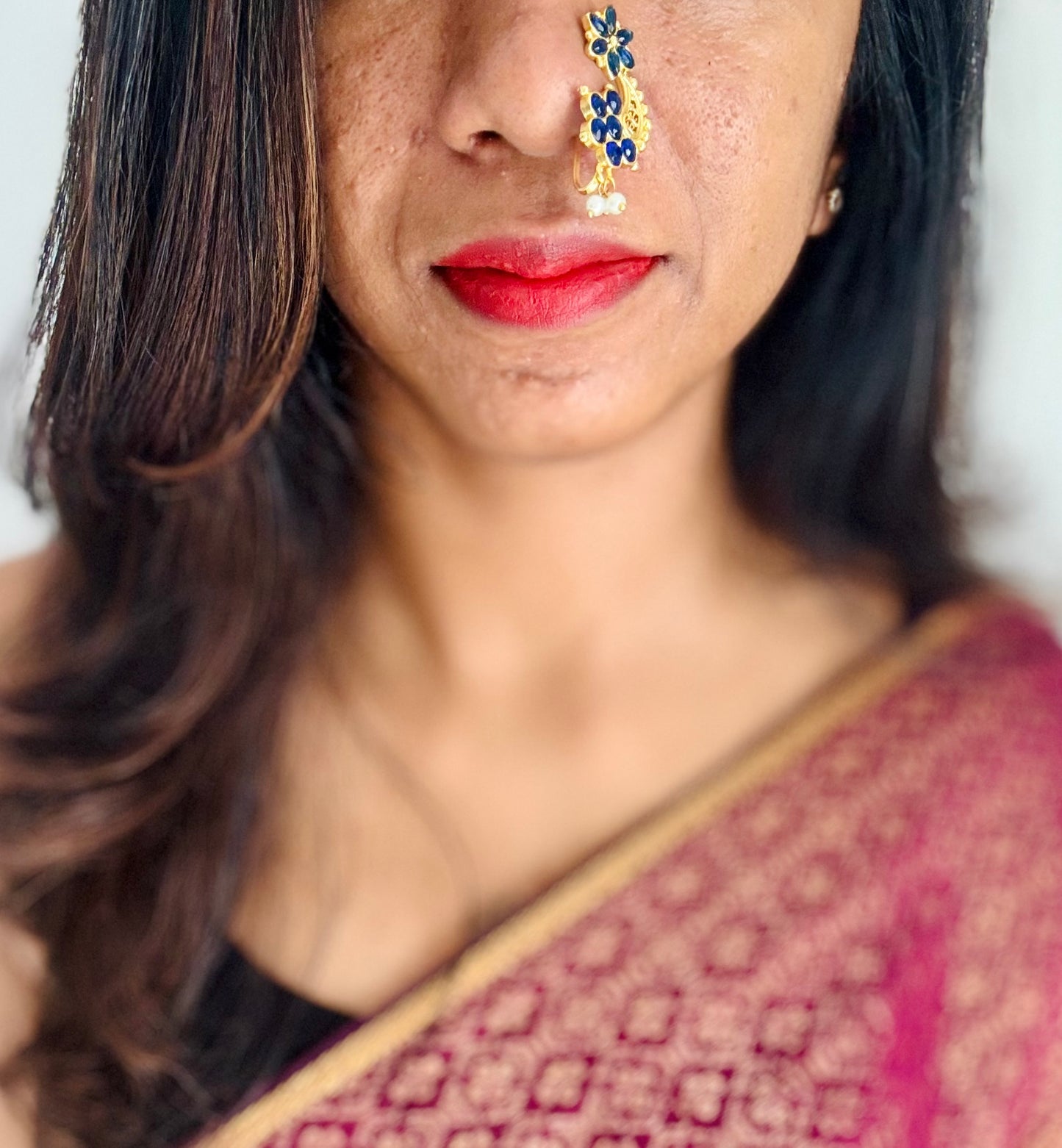 Gold plated, dark blue coloured stone, clip on Maharashtrian nath - YCGPNC208