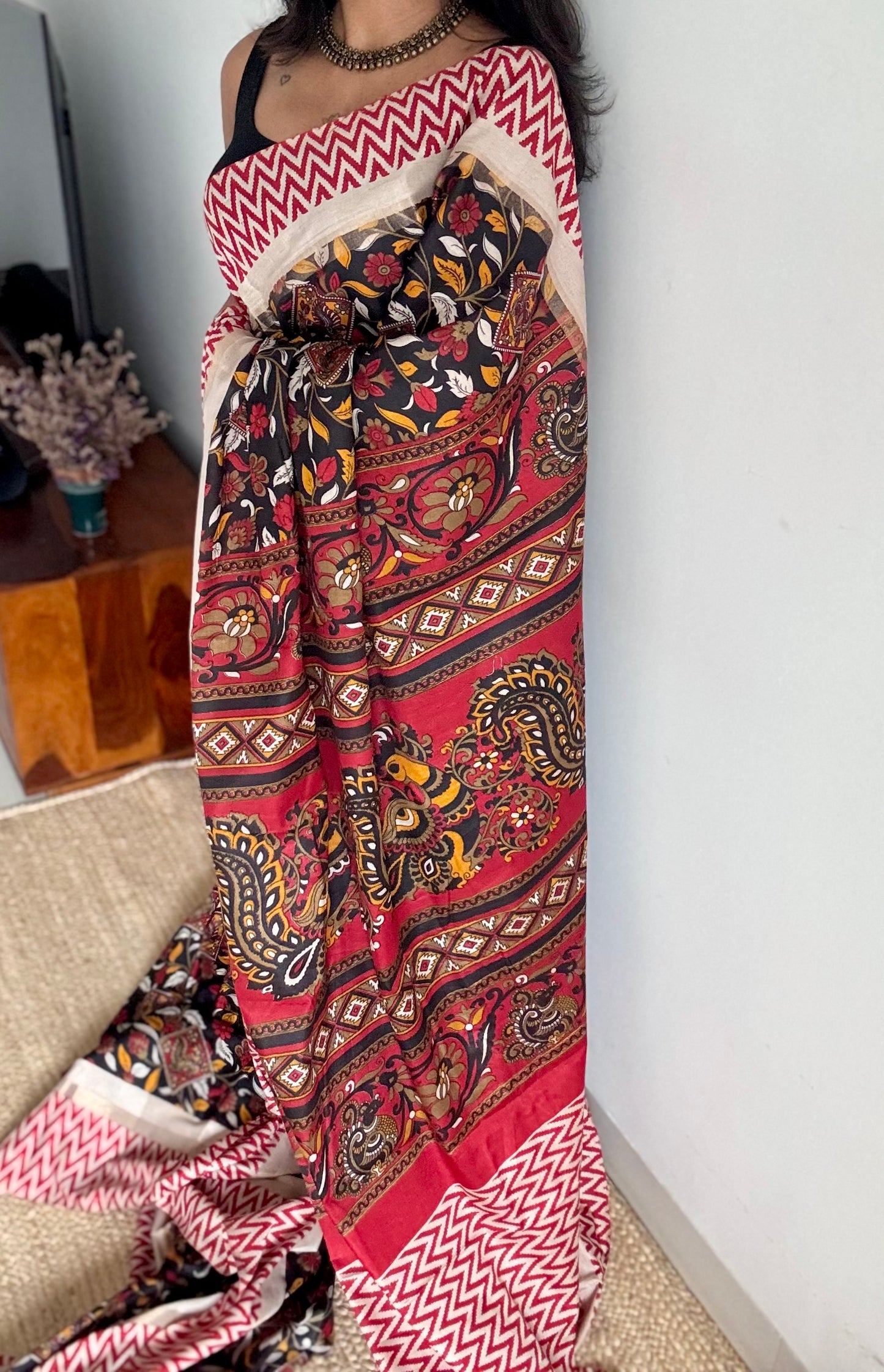 Black and red, printed kalamkari, semi-tussar - YCWOTDSTK02