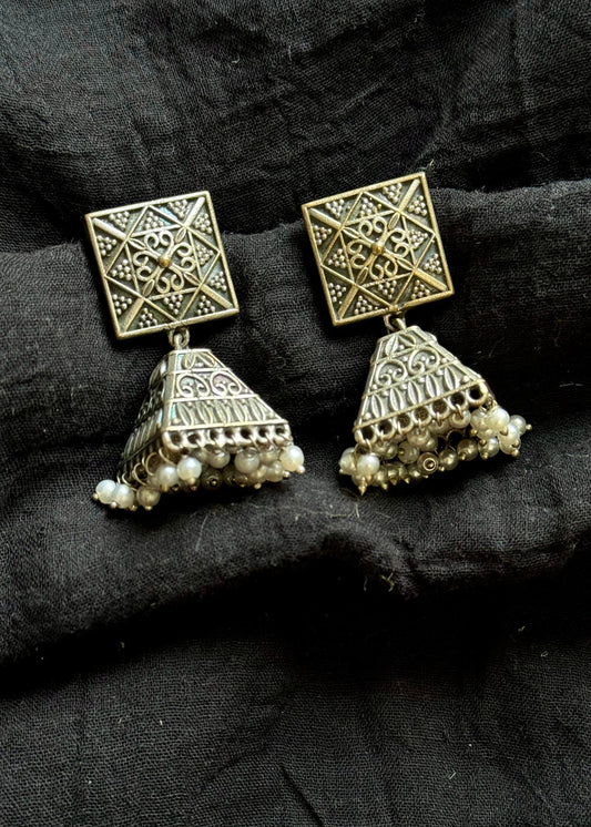 Square top jhumka, black polished oxidised silver with pearl hangings - YCOSEJ589
