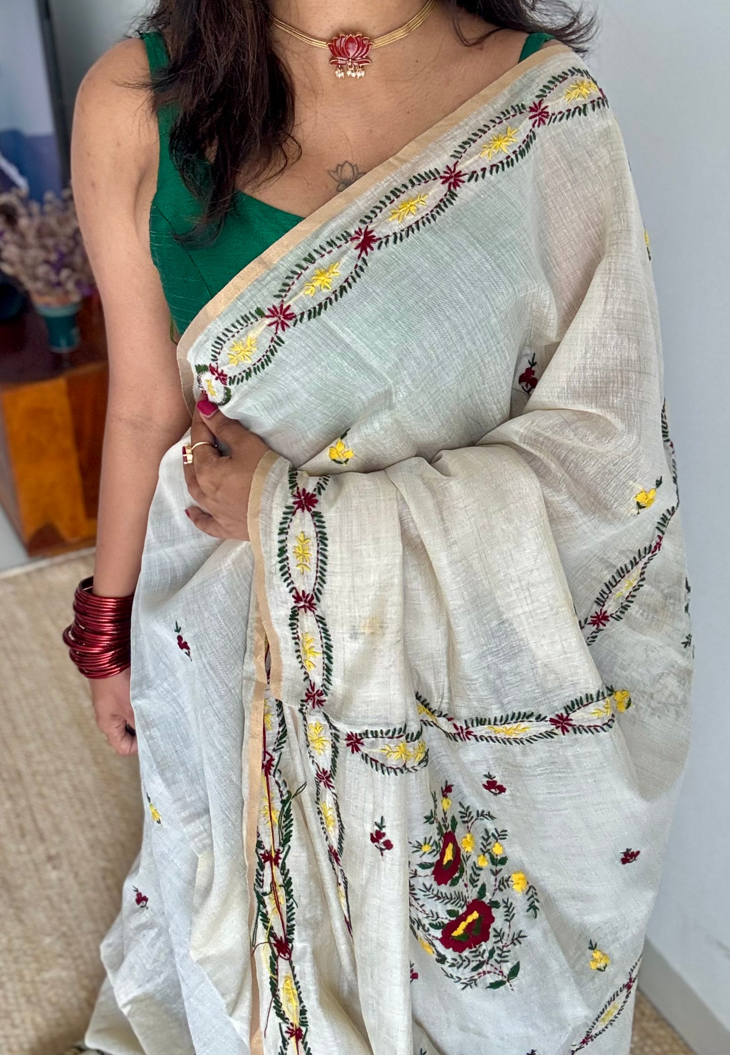 Ivory maheshwari cotton silk blend with maroon and dark yellow floral kantha threadwork - YCBLJULMK05