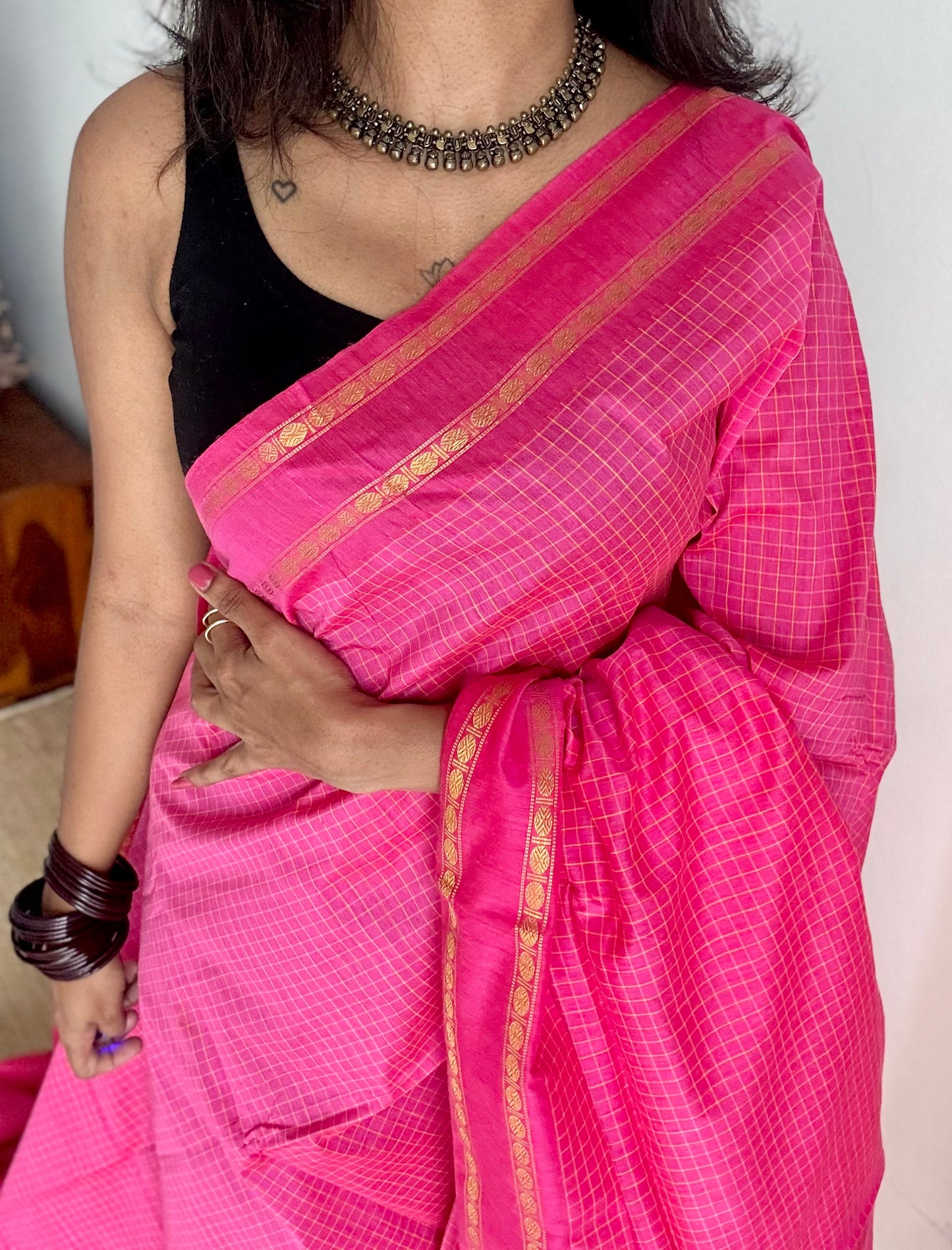 Hot pink, arani checks, cotton silk - YCCOTNJUAR07