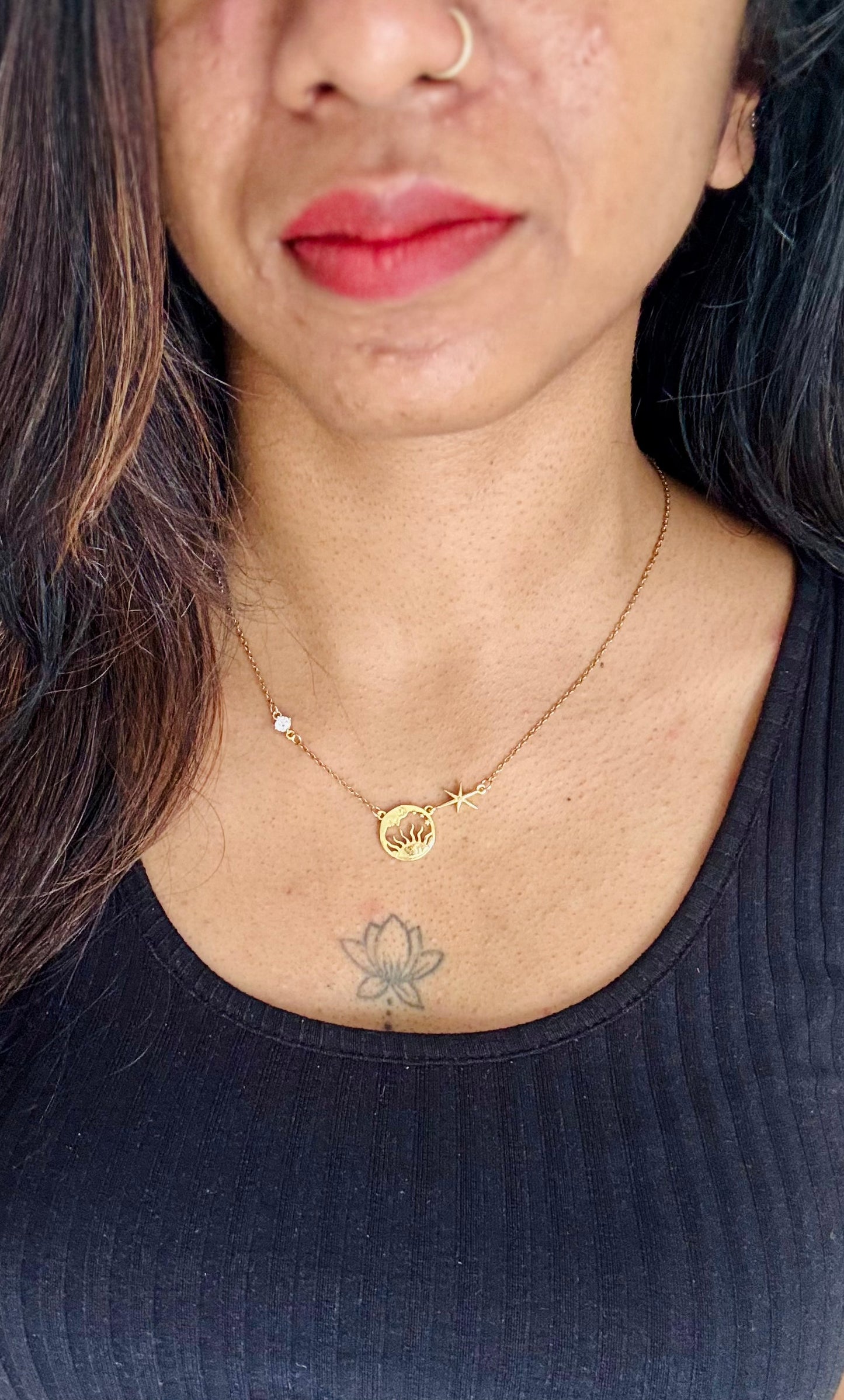 Gold plated chain, sun, star, stone charms - YCGPC246