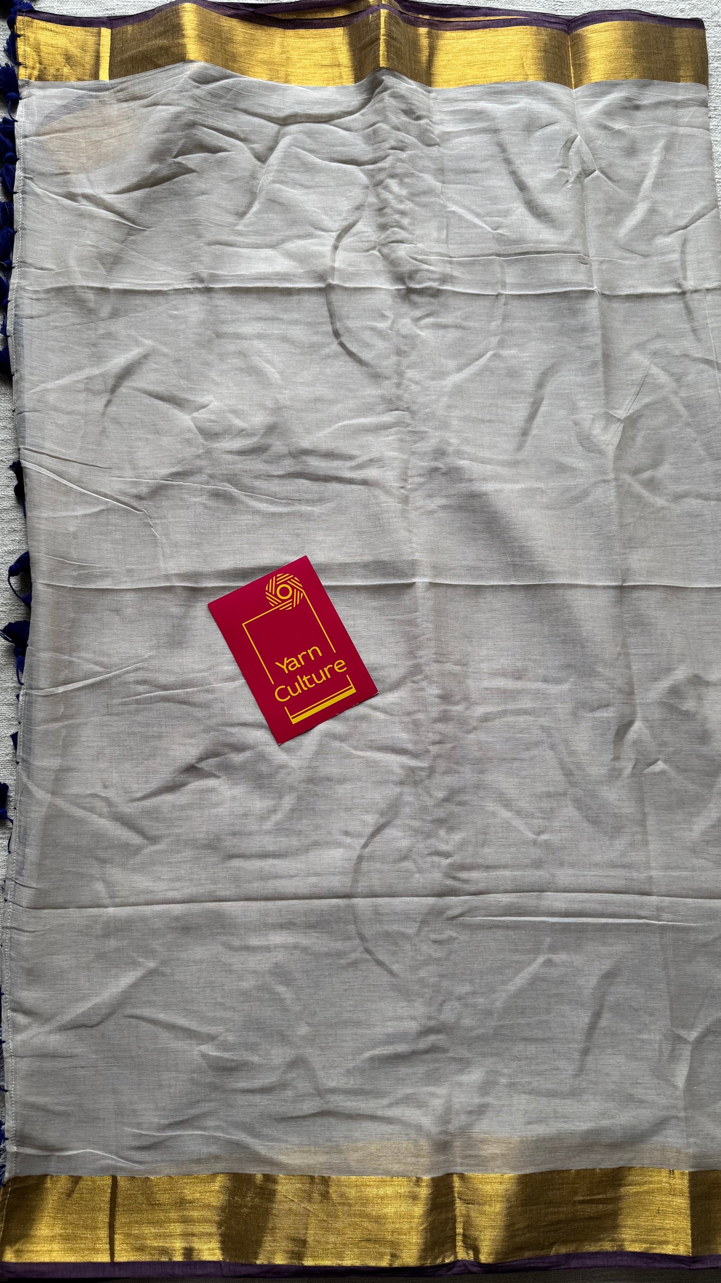 Greyish ivory with violet and gold zari border, mul cotton - YCONBCM221