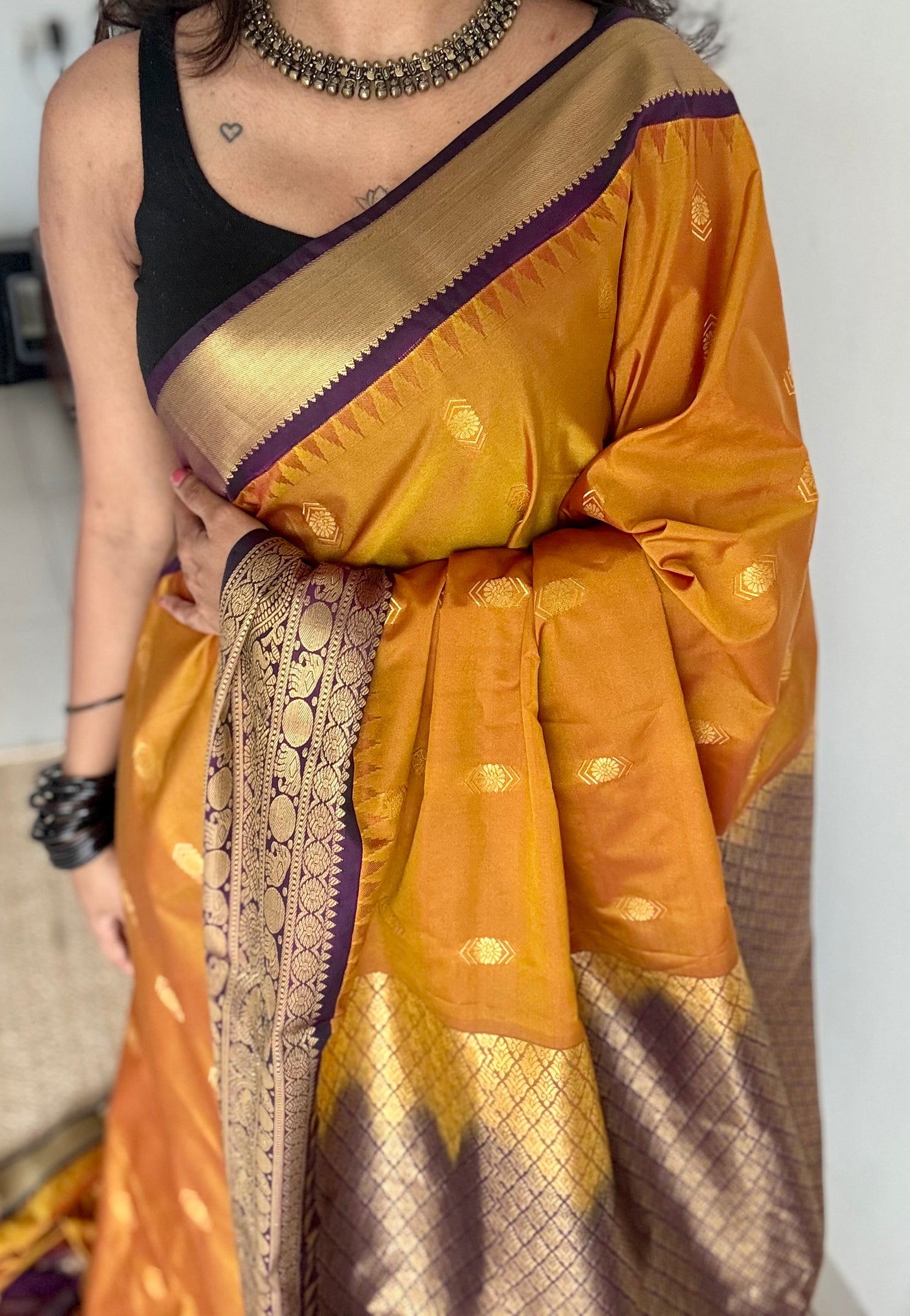 Vaidhi - mustard with deep purple, handloom korvai semi silk - YCCOTNFEJUKS02