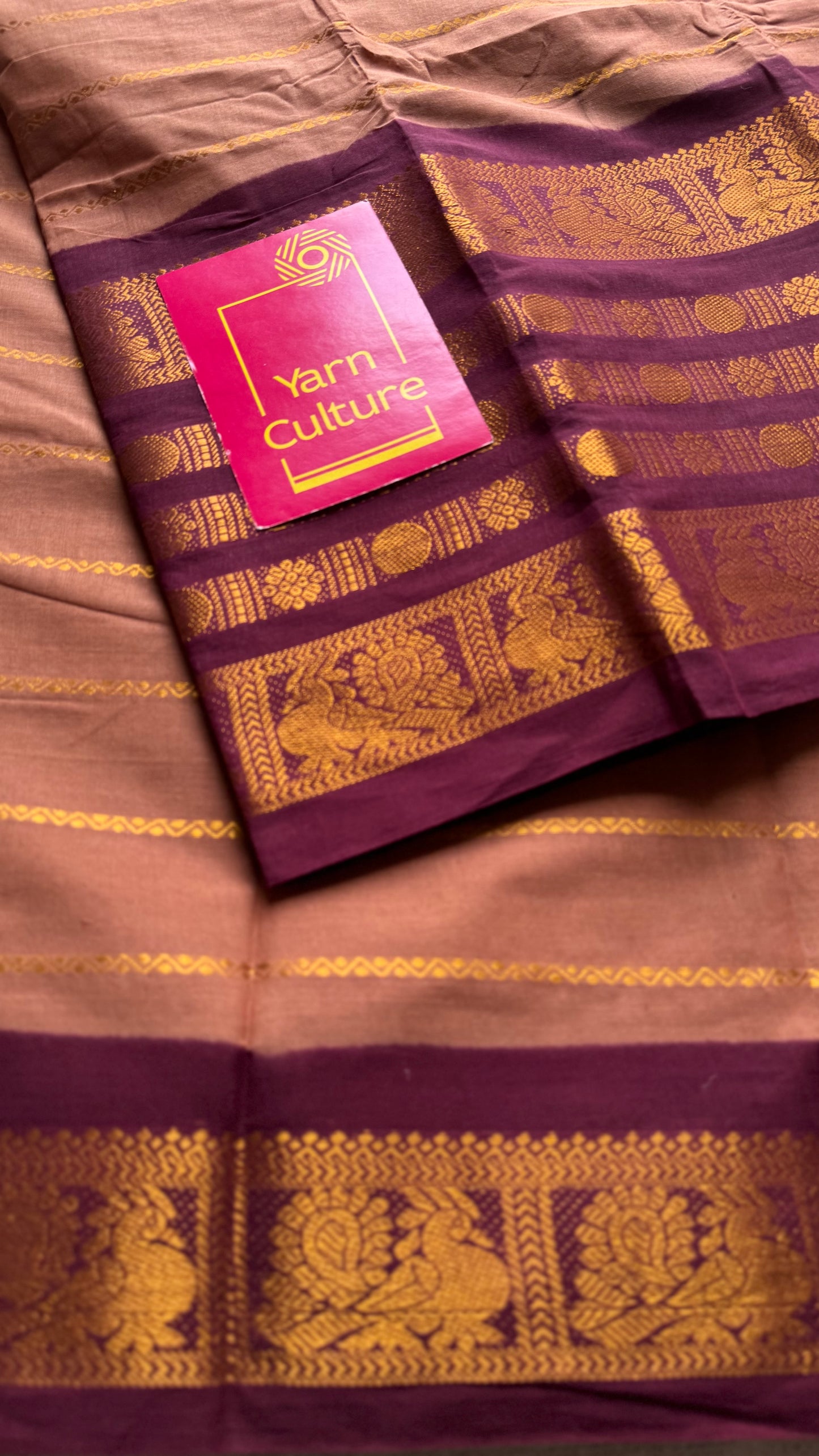 Light brown with maroon, peacock rudraksham motif, single side broad zari - madurai kattuchayam dyed - YCCOTNAUS33