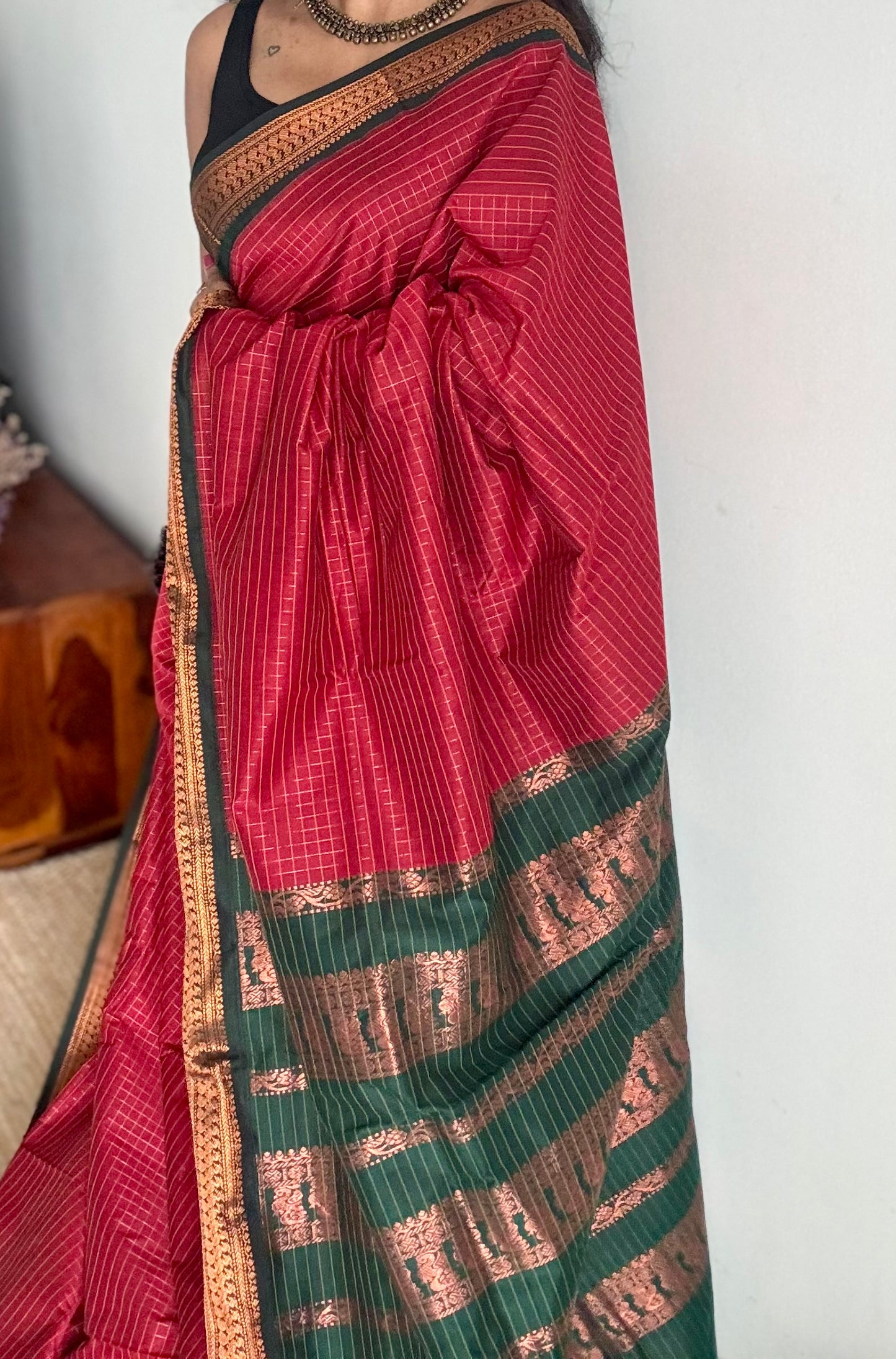 Dark red with dark green, checks - cotton silk - YCCOTNOCKCS12