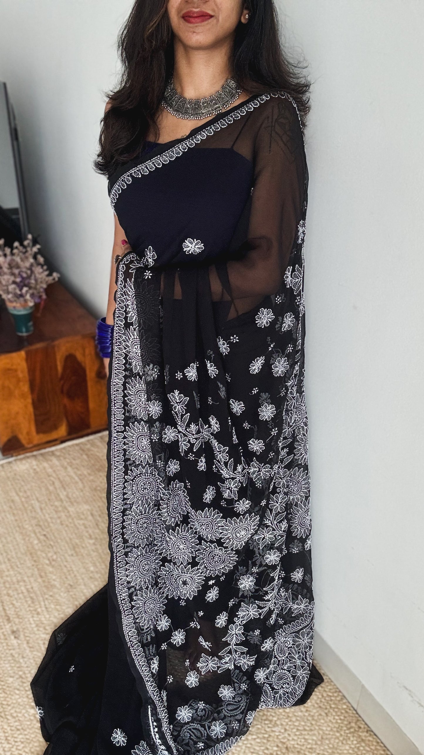 Tariq-e-Noor (path of light) - Black Chikankari, georgette YCSLCJULCK03