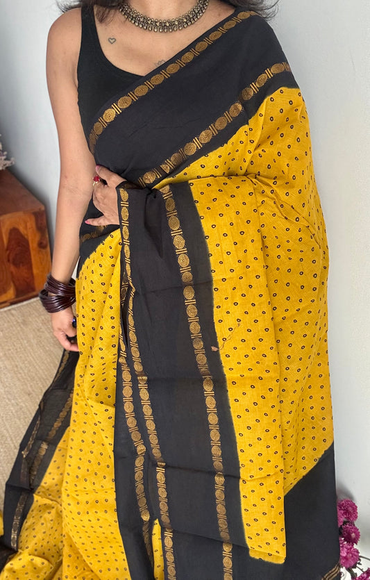 Yellow with black, sungudi motif and rudraksham border, madurai soft cotton - YCCOTNAUSC02