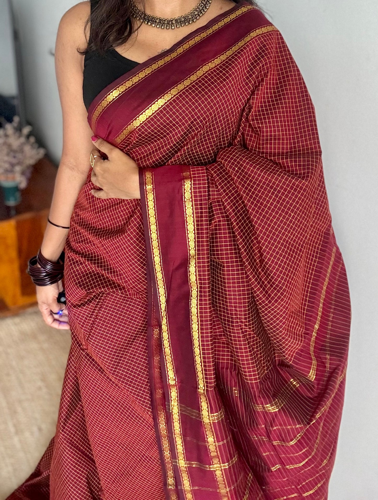 Maroonish brown, arani checks, cotton silk - YCCOTNOCAR07