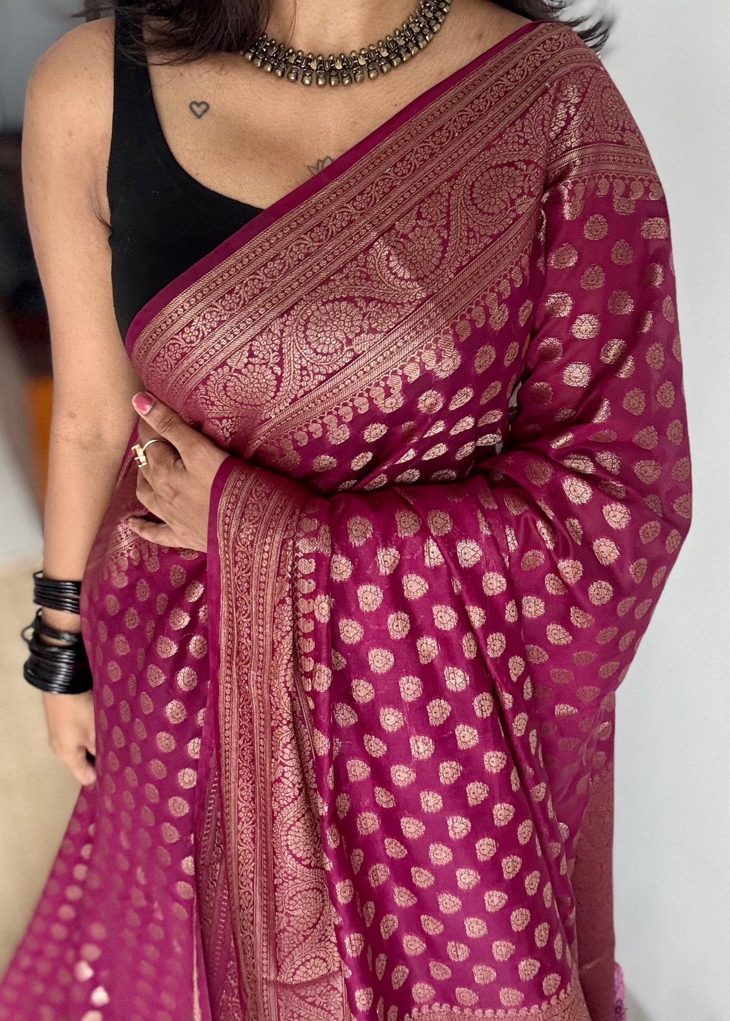 Cerise - Dark raspberry pink, antique gold zari, Banarasi semi georgette - YCBLFEGAGZ21