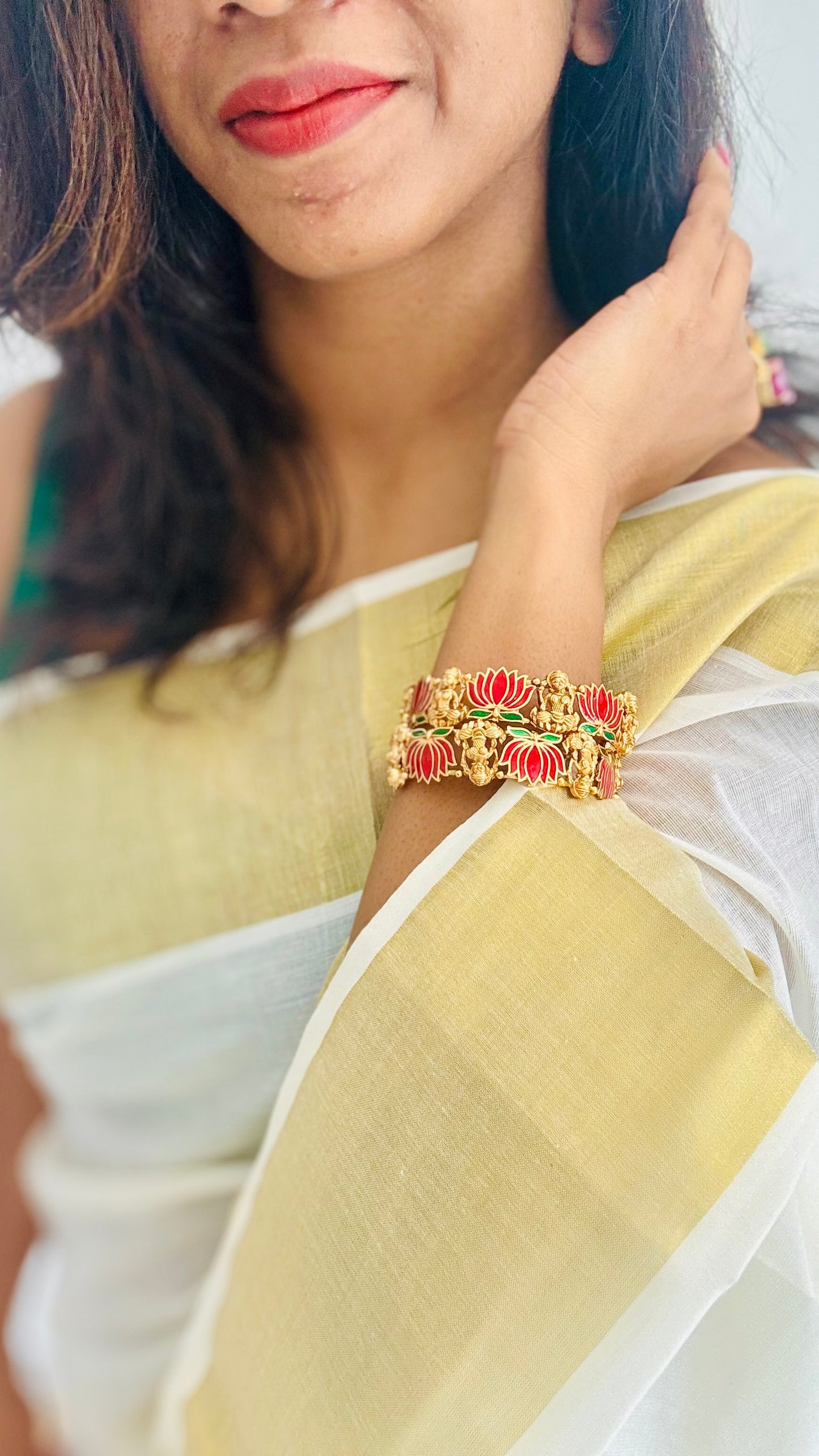 Dark pink with green lotus bangles (set of 2) - YCAGBG98