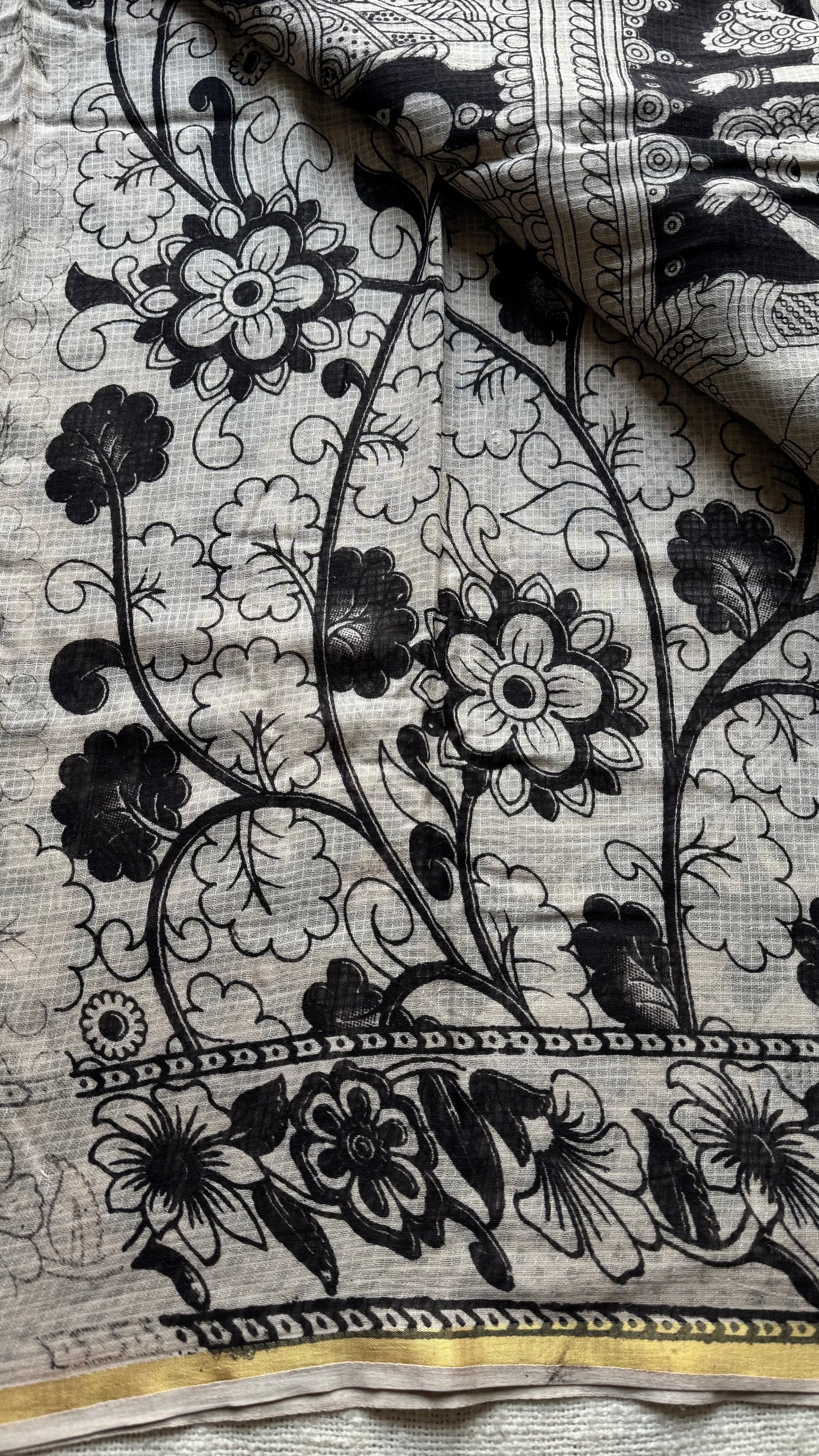 Black cream kalamkari saree in kota, with zari border - YCWOTDKKFE15