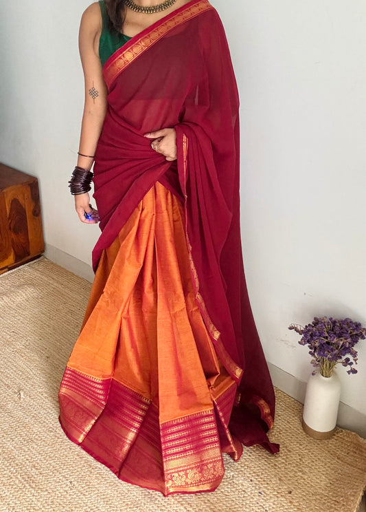 Orange - Maroon unstitched half saree material (dhavani), kanchi cotton - YCIEHS211