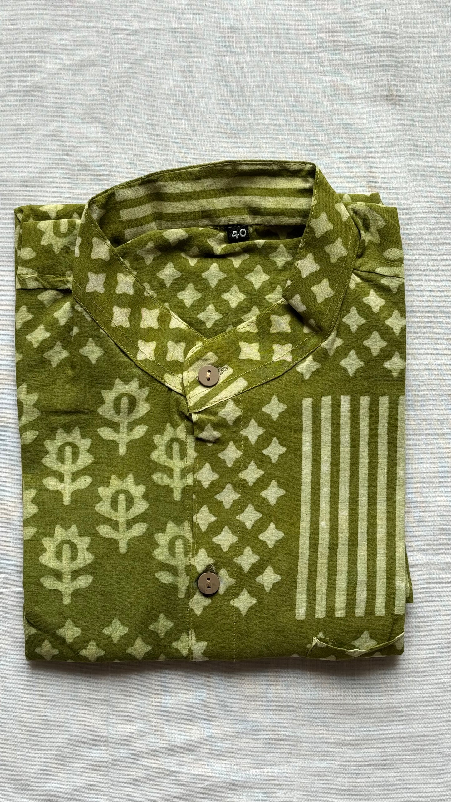 Light Green Motif Block Printed Cotton Men's Half Sleeve Mandarin Collar Kurta Shirt- YCMSEIE191