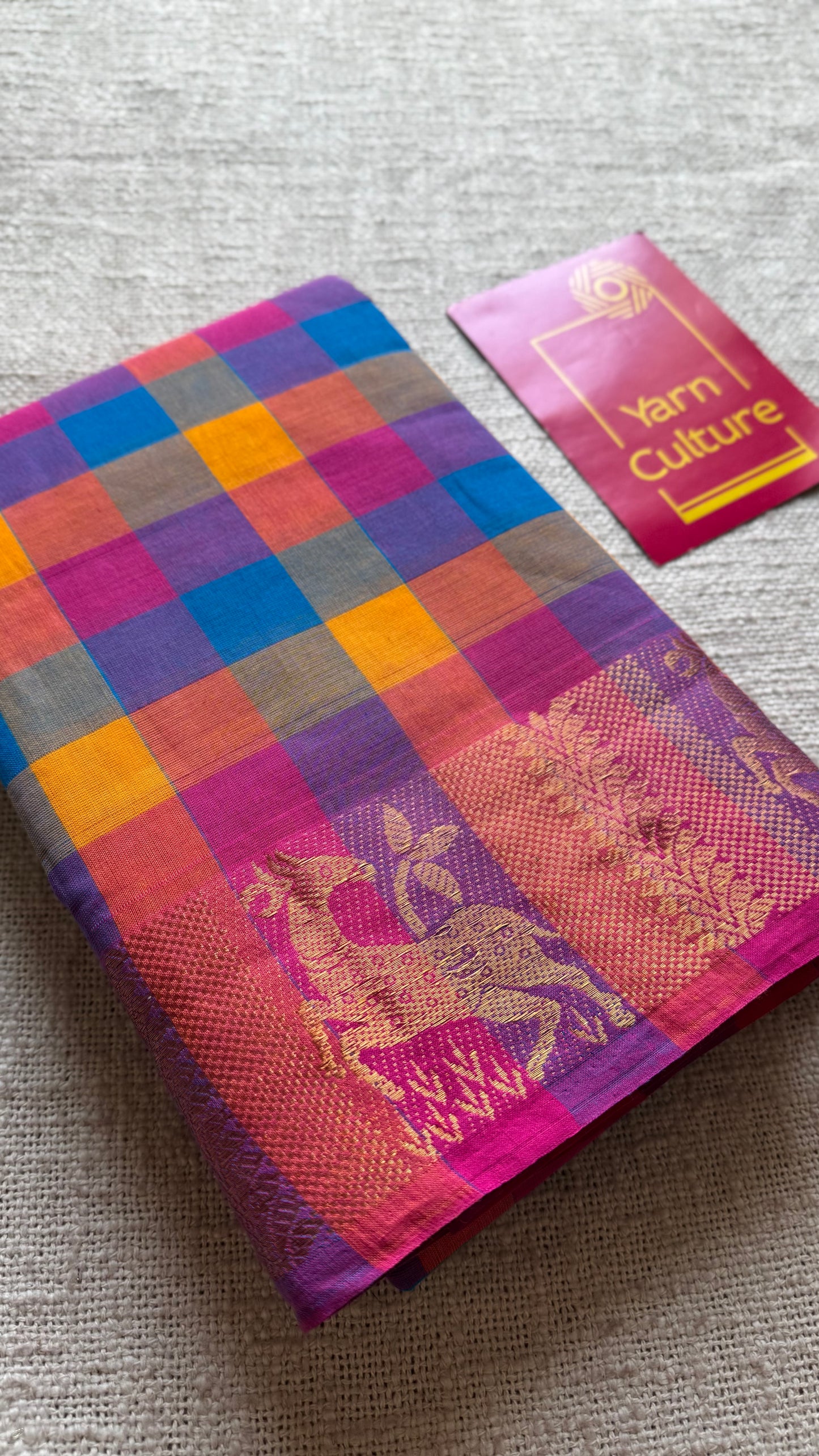 Multicolour Chettinad cotton saree with paalum pazhamum checks (pink, violet, blue, orange) - YCCOTNCCFE341