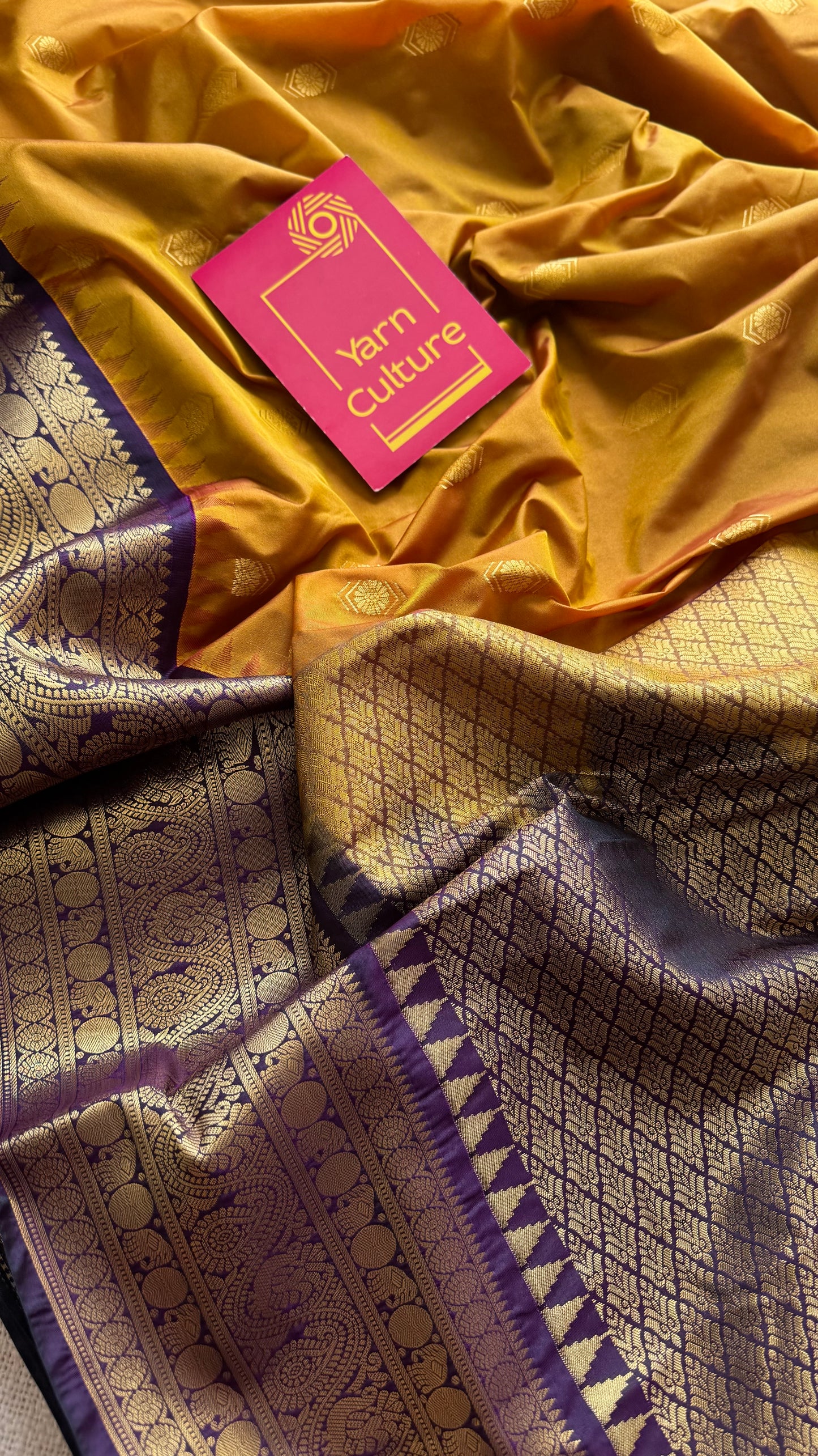 Vaidhi - mustard with deep purple, handloom korvai semi silk - YCCOTNFEJUKS02