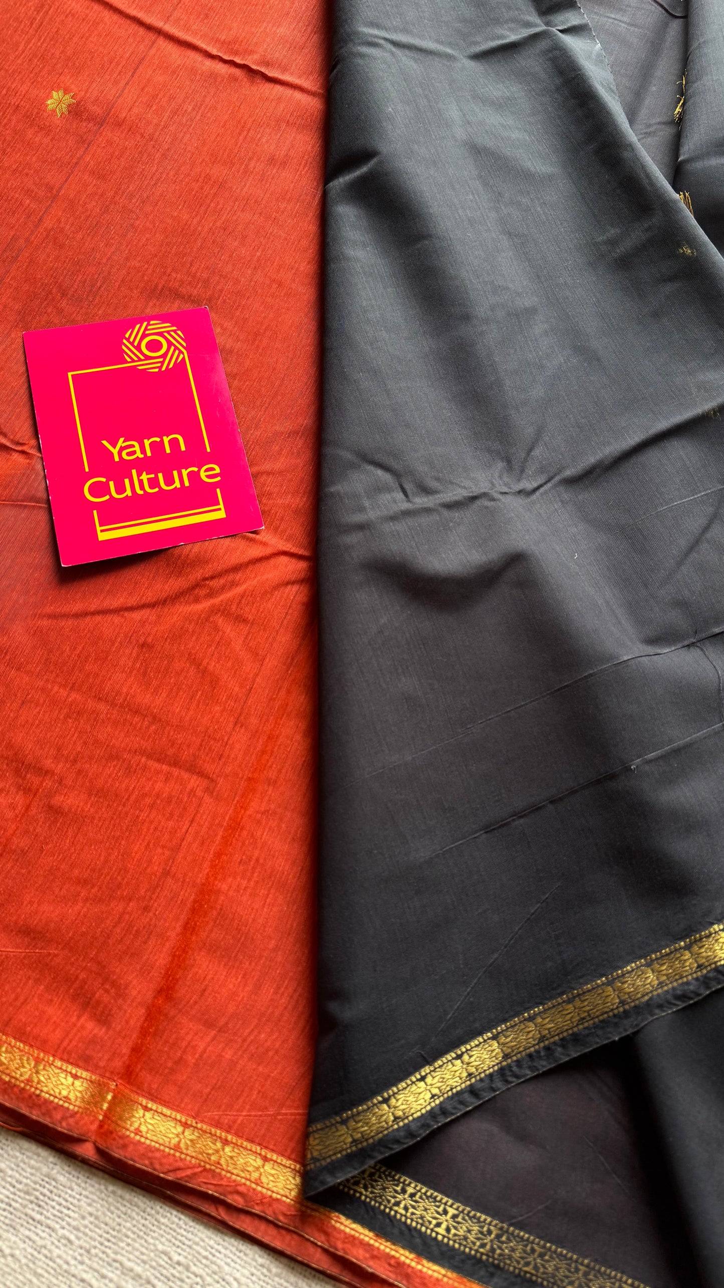 Orange with black, gold buttas, semi maheshwari cotton silk - YCCOTNFEJUSM01