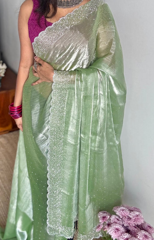 Minty Glimmer - pastel mint green dual tone space silk, jarkhan stone work - YCDOSNO38