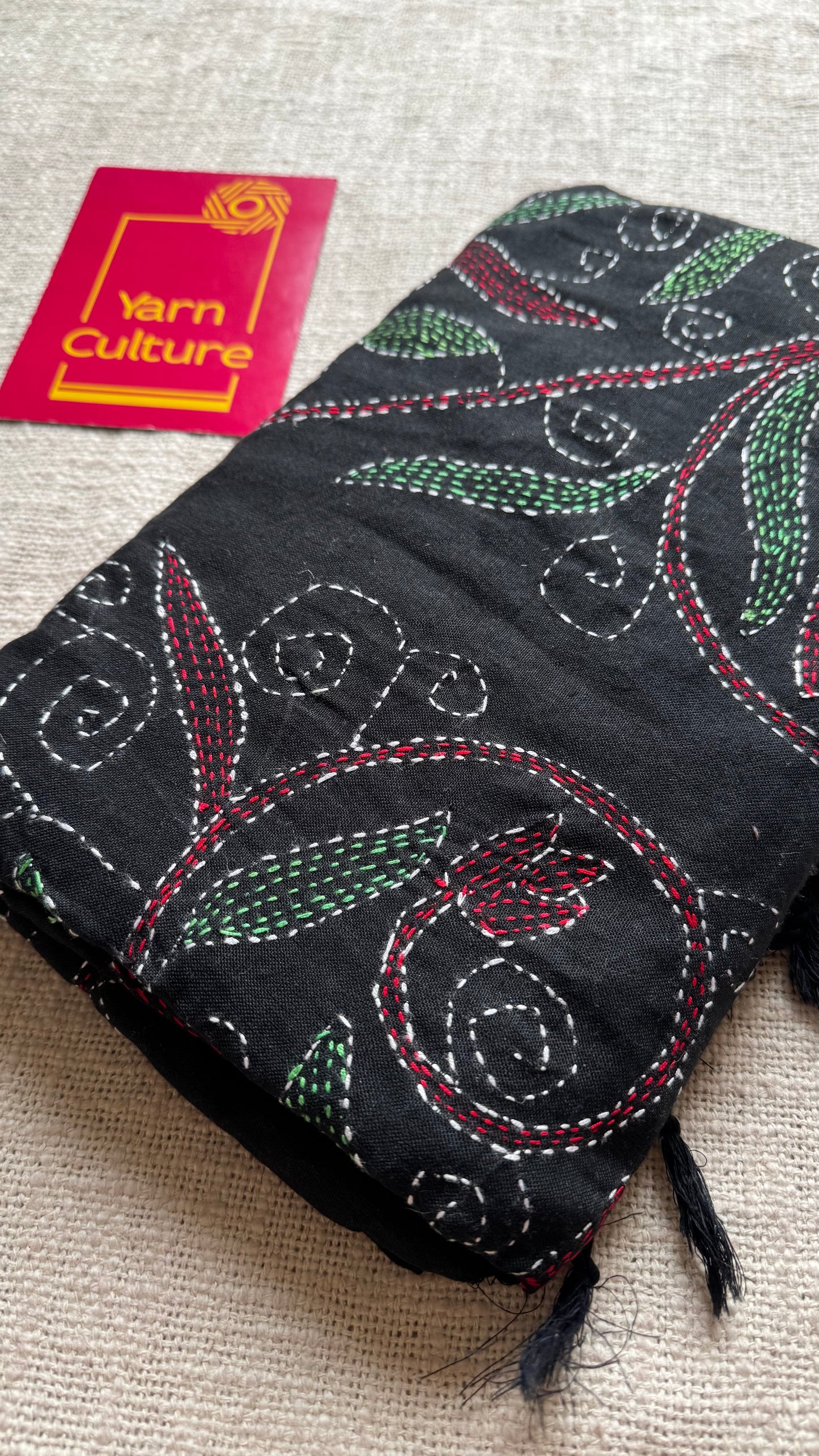 Kaaj Kaalo (কাজ কালো) - Embroidered Black, kantha weave in soft khadi cotton - YCBCSEKC08