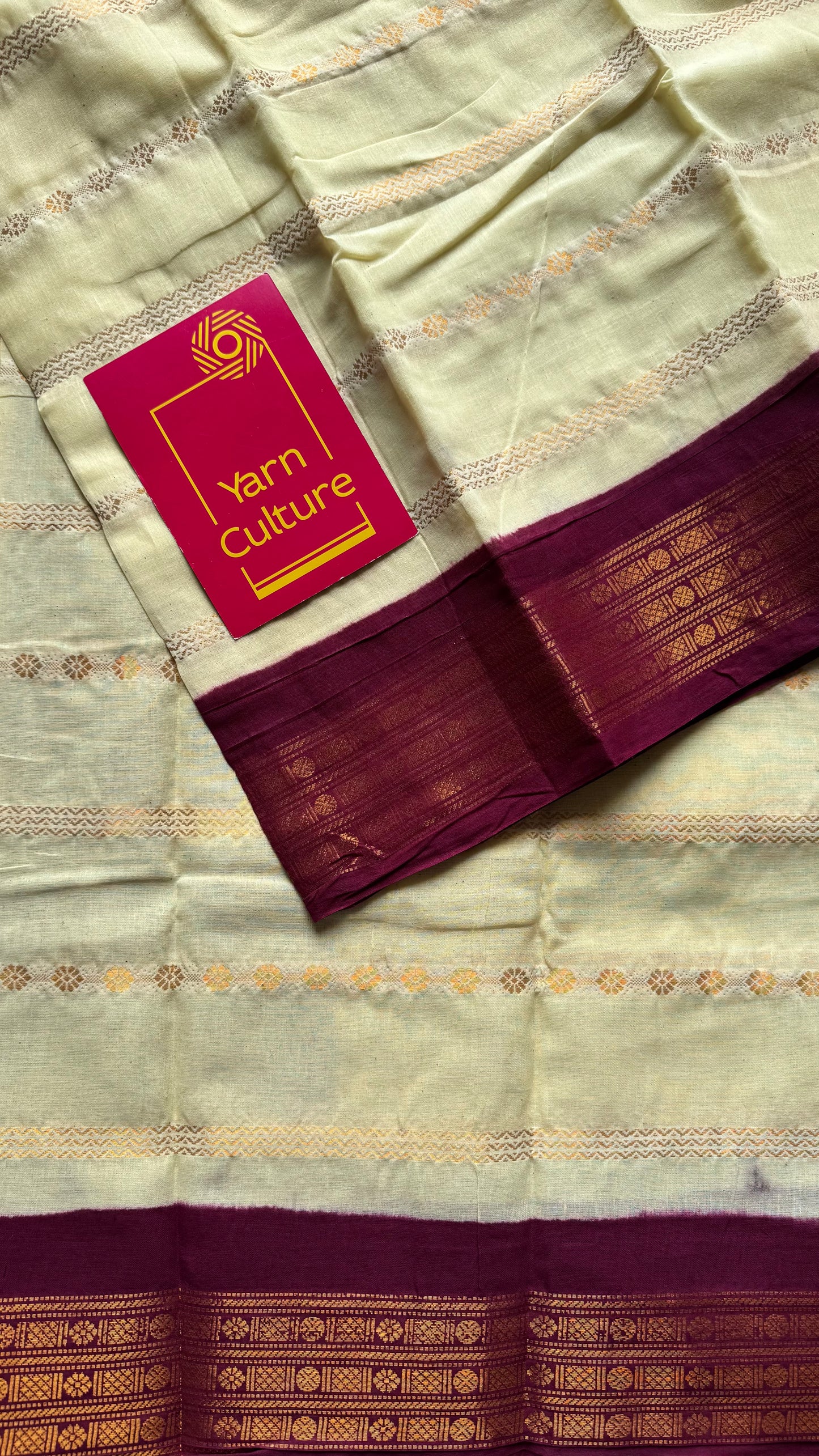 Custard yellow with maroon, motif striped sungudi, soft cotton - YCCOTNSSP02