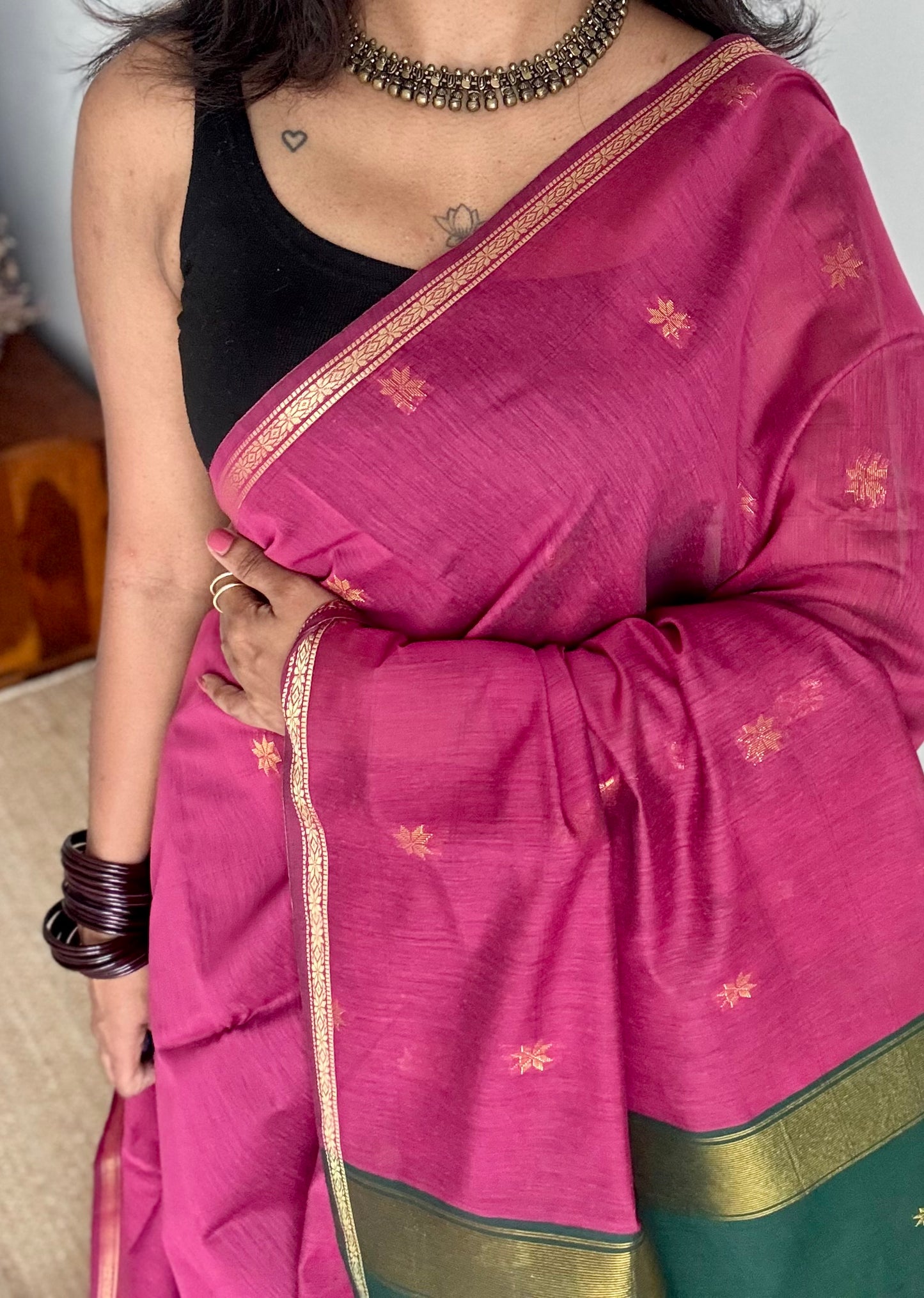 Berry pink with green, gold buttas, semi maheshwari cotton silk - YCCOTNFEJUSM04
