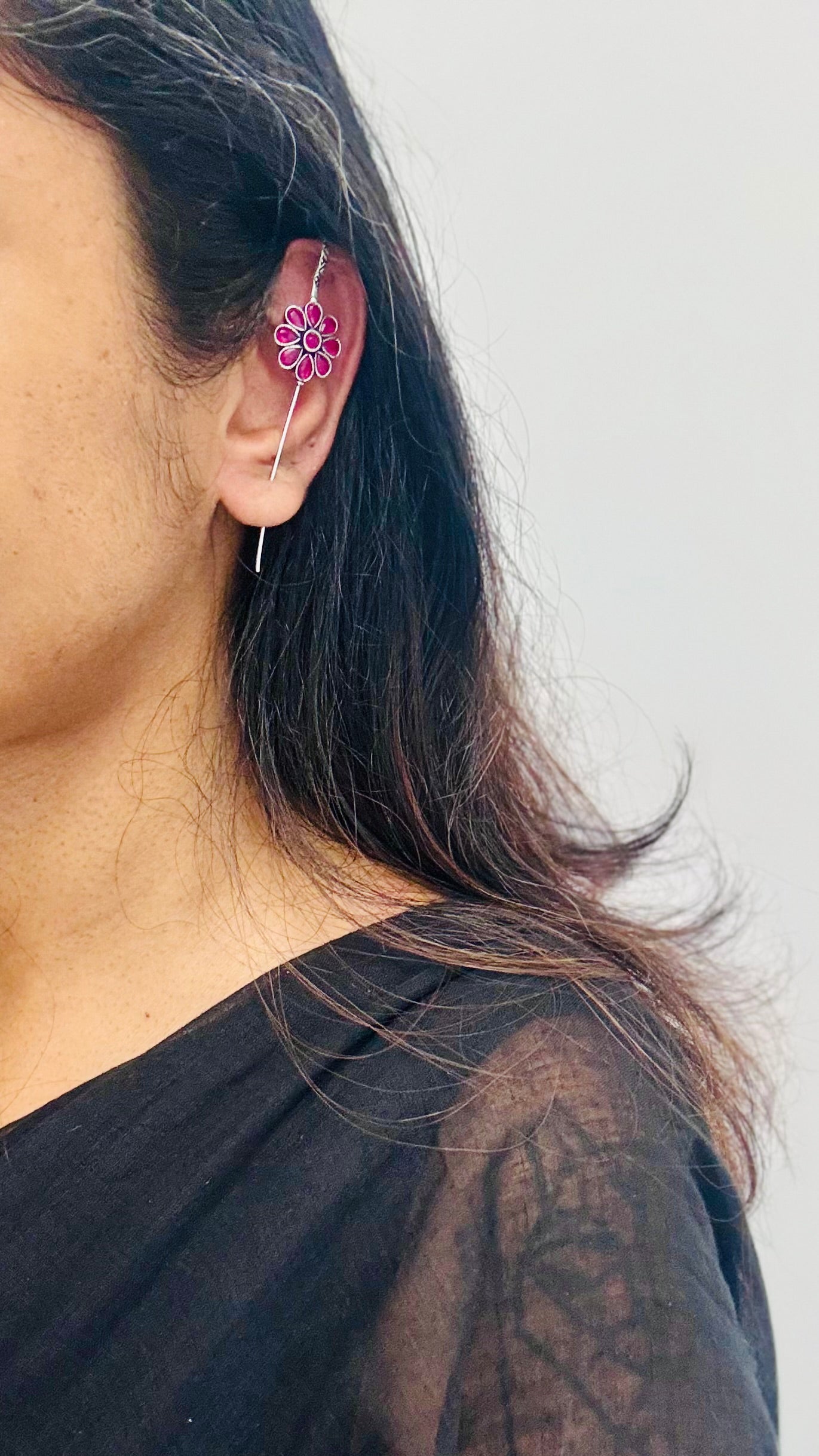 Oxidised silver, maroon stone, floral earcuff - YCOSEEC293