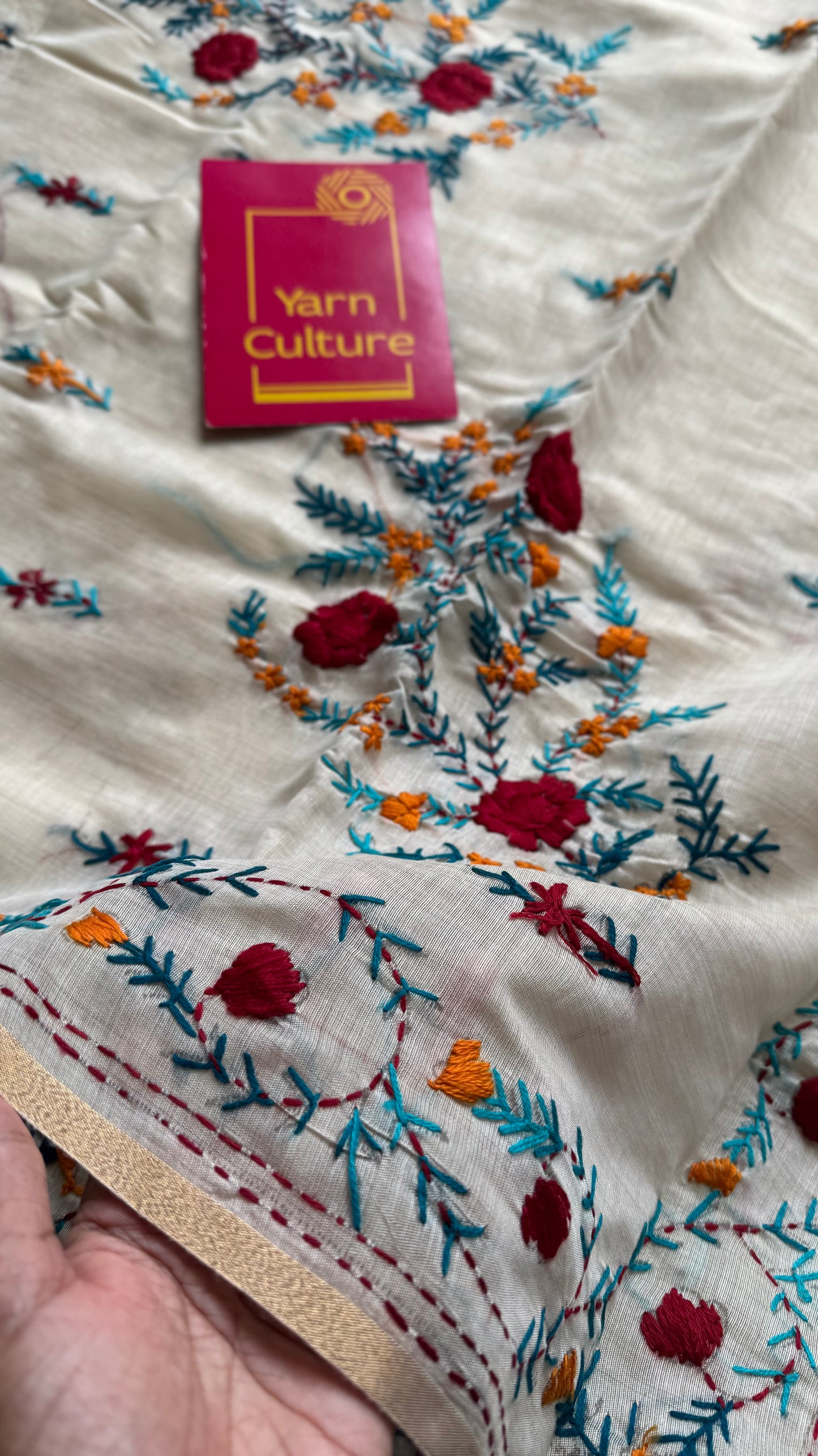 Ivory maheshwari cotton silk blend with red and blue floral kantha threadwork - YCBLJULMK03